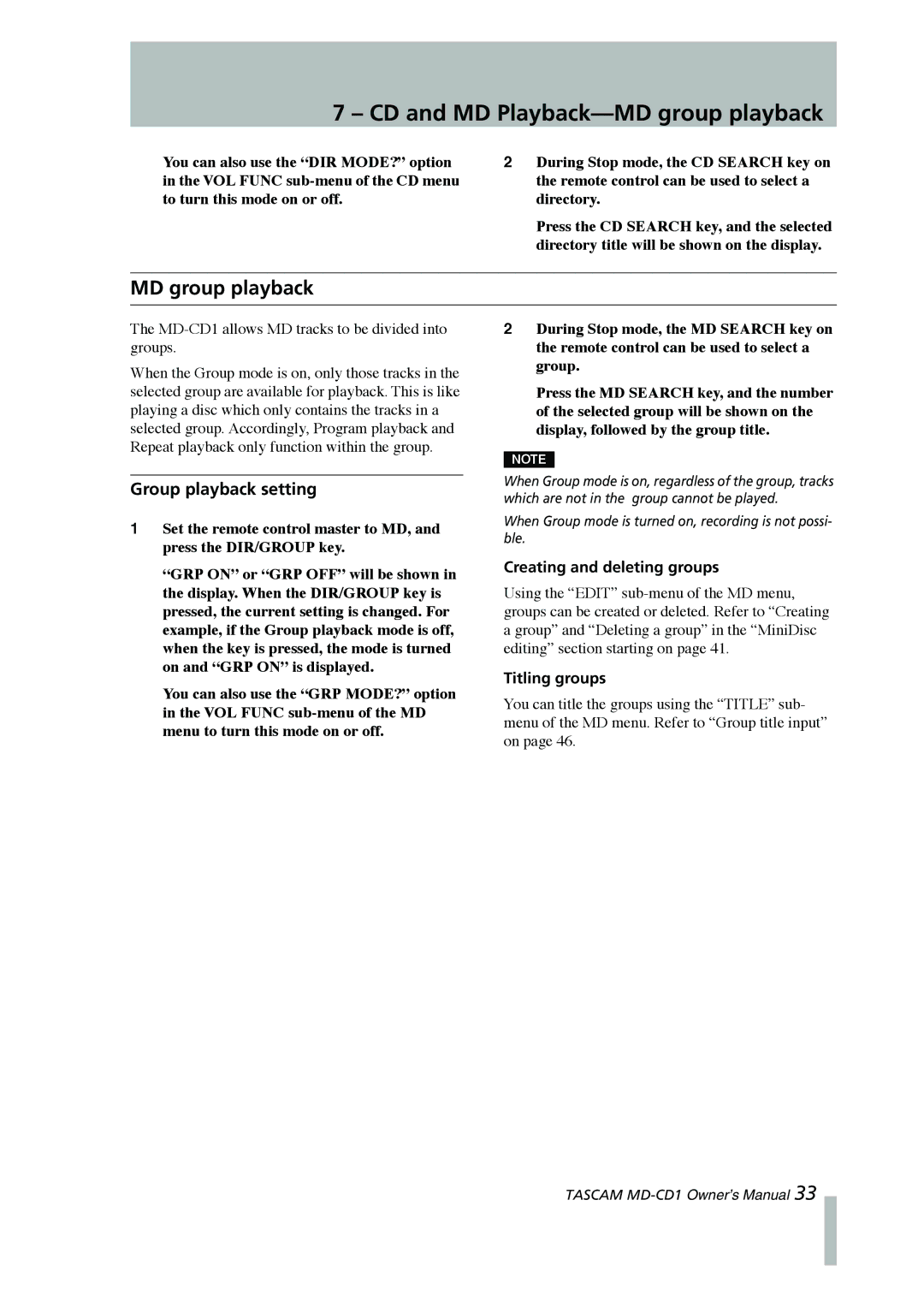 Tascam MD-CD1 CD and MD Playback-MD group playback, Group playback setting, Creating and deleting groups, Titling groups 