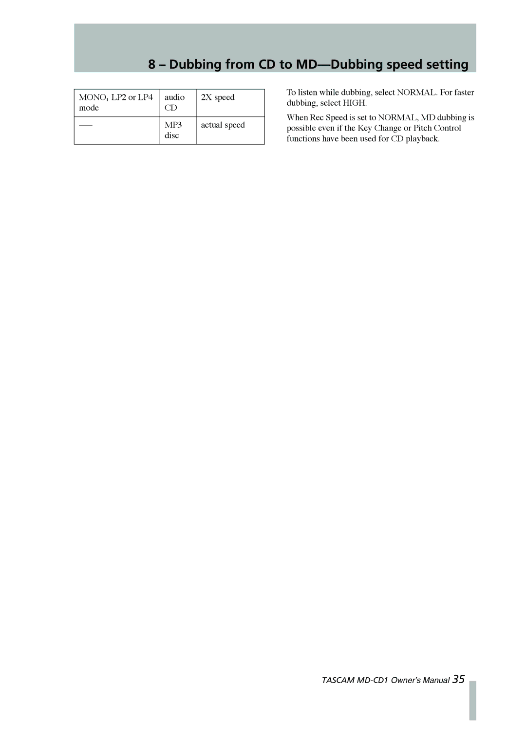 Tascam MD-CD1 owner manual Dubbing from CD to MD-Dubbing speed setting, MP3 