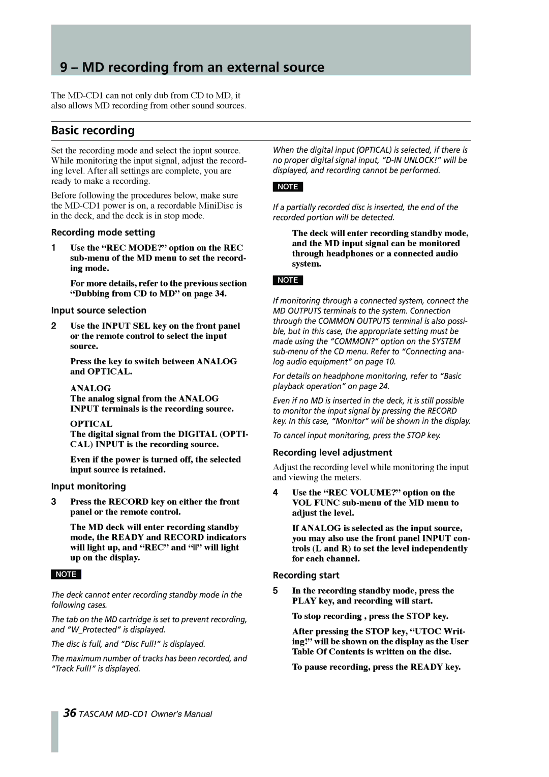 Tascam MD-CD1 owner manual MD recording from an external source, Basic recording 