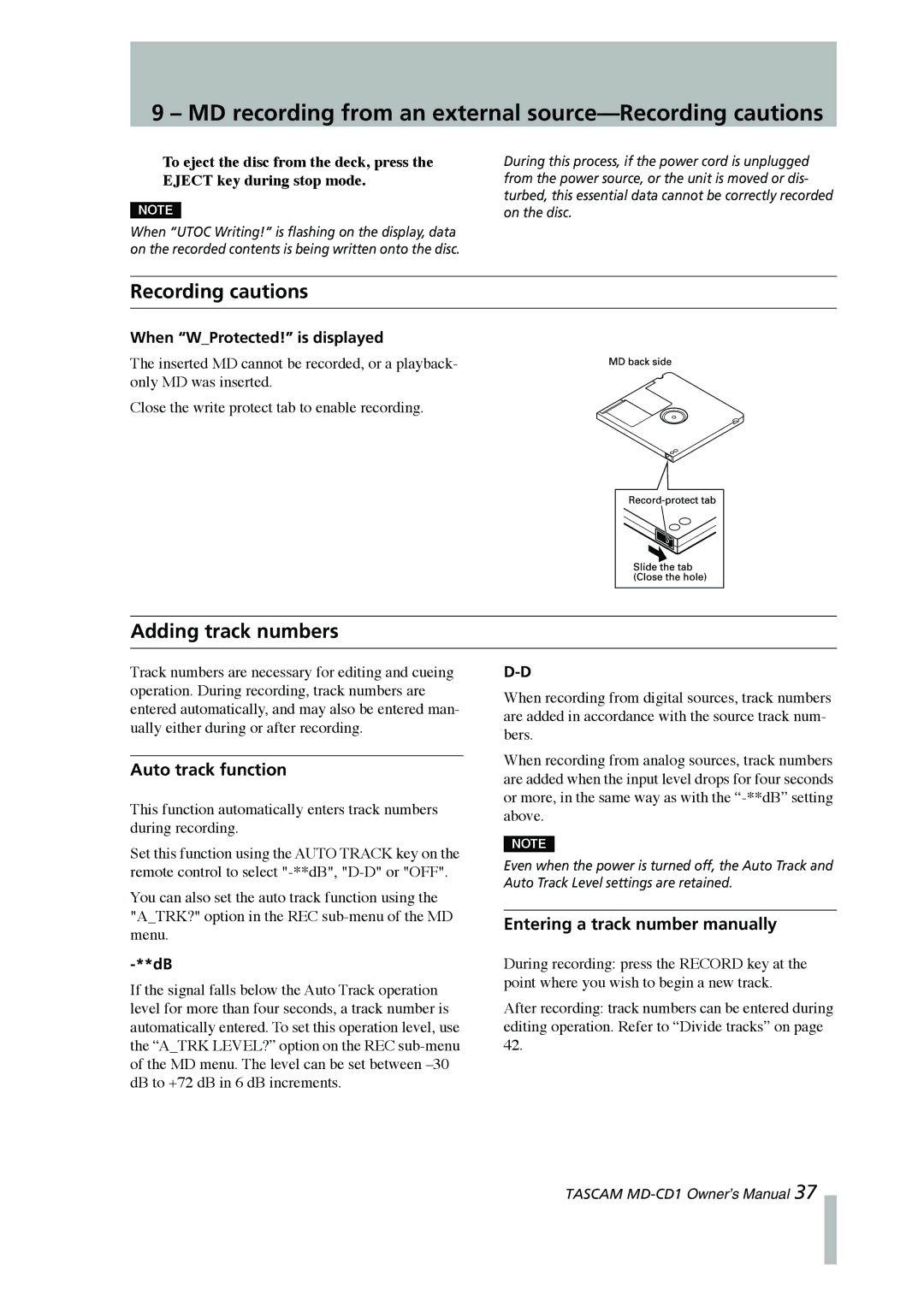 Tascam MD-CD1 MD recording from an external source-Recording cautions, Adding track numbers, Auto track function 