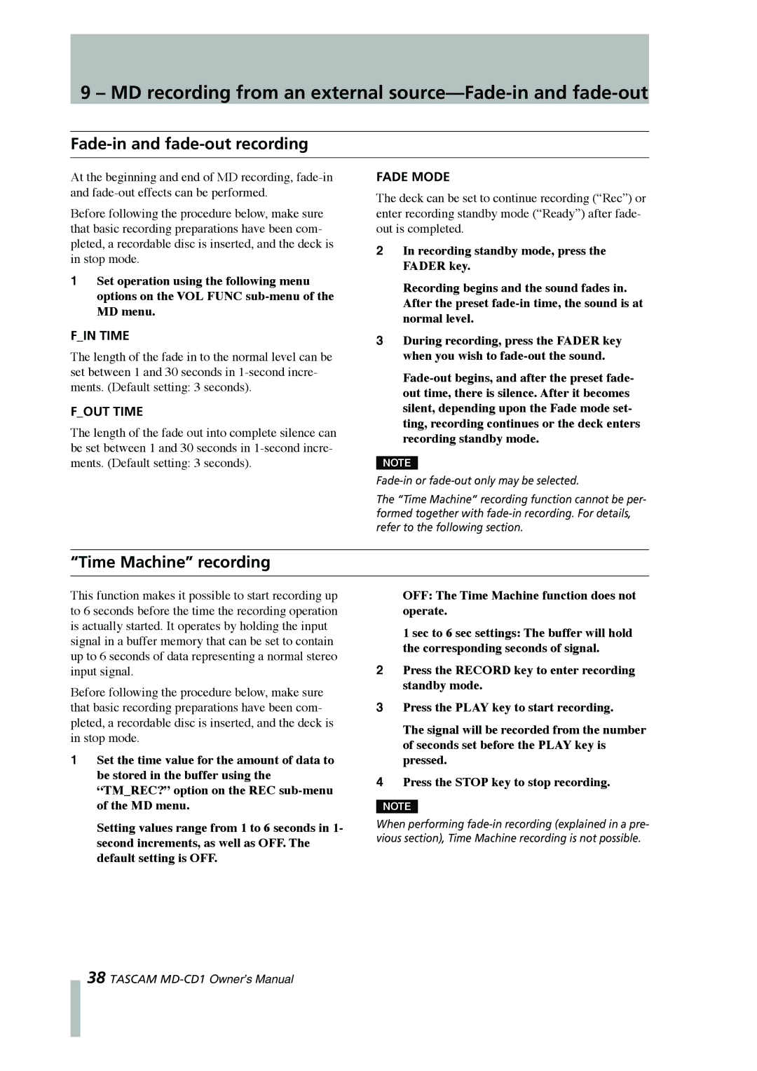 Tascam MD-CD1 owner manual MD recording from an external source-Fade-in and fade-out, Fade-in and fade-out recording 