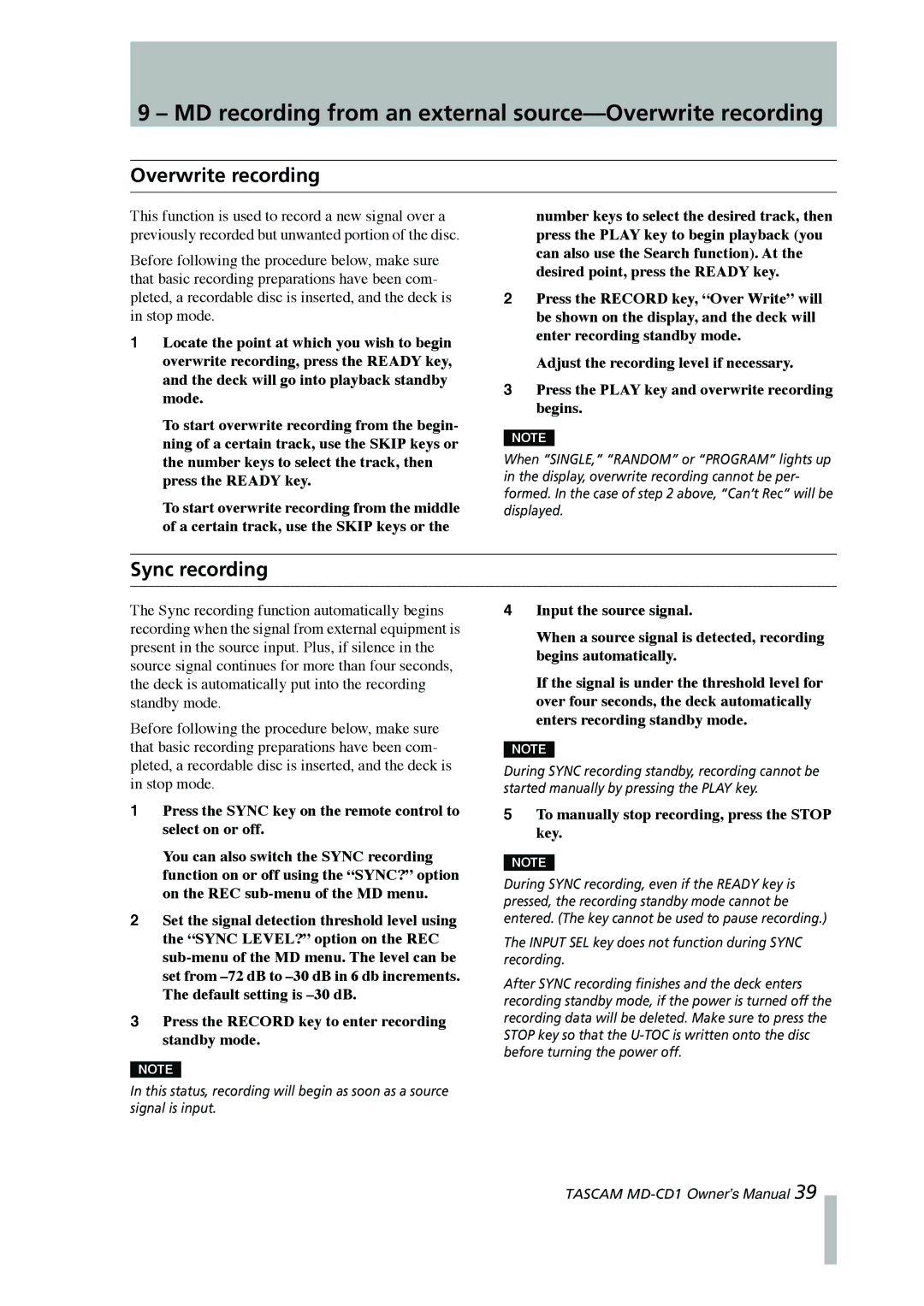 Tascam MD-CD1 owner manual MD recording from an external source-Overwrite recording, Sync recording 