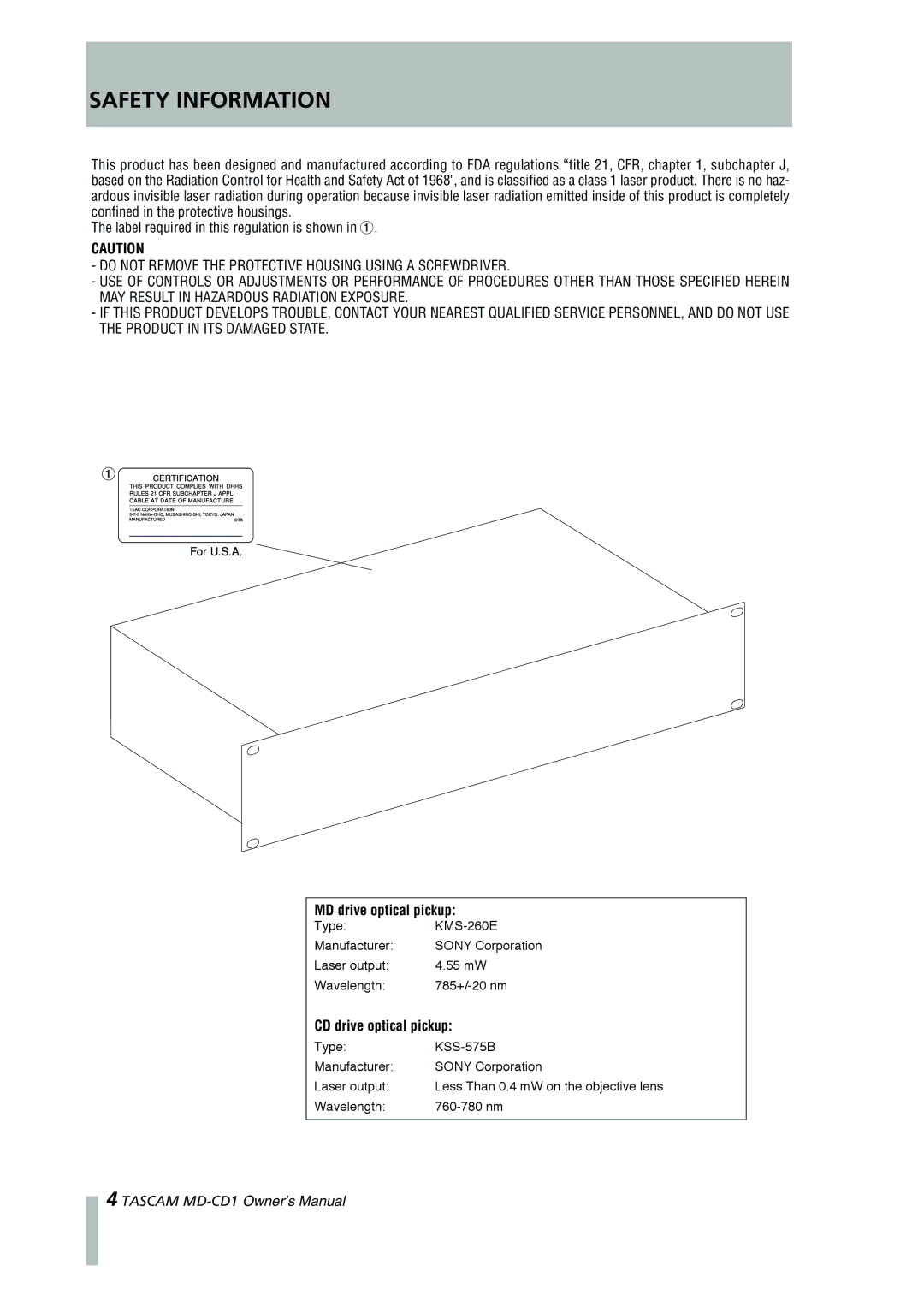 Tascam MD-CD1 owner manual Safety Information 