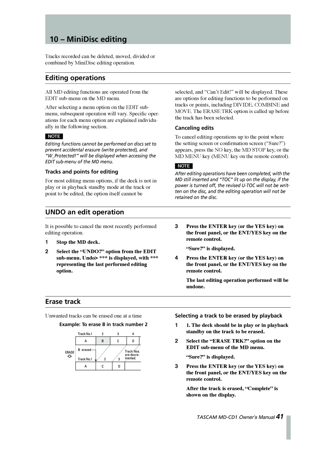 Tascam MD-CD1 owner manual MiniDisc editing, Editing operations, Undo an edit operation, Erase track 