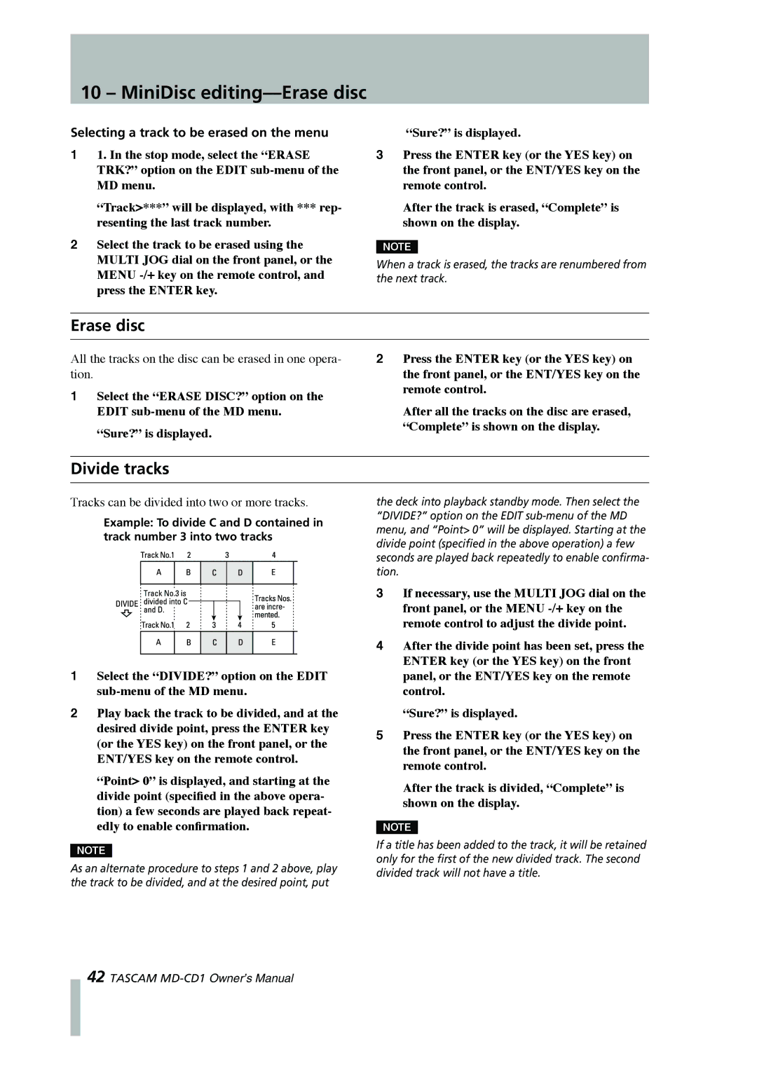 Tascam MD-CD1 owner manual MiniDisc editing-Erase disc, Divide tracks, Selecting a track to be erased on the menu 