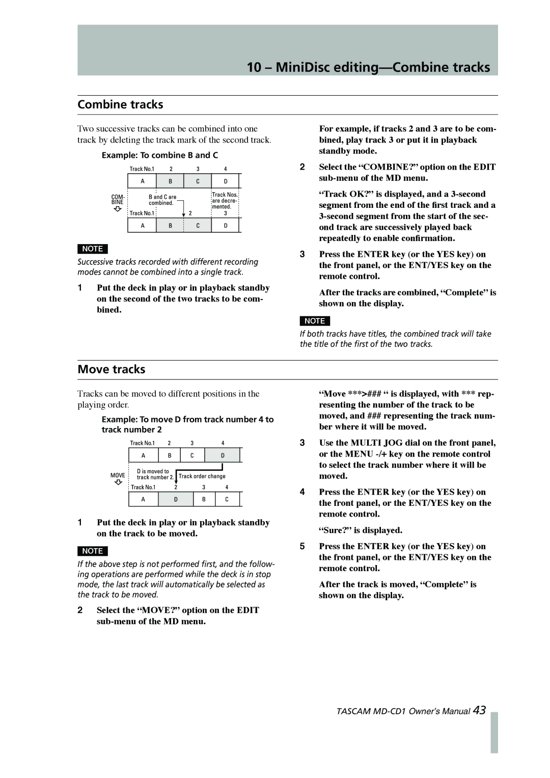 Tascam MD-CD1 owner manual MiniDisc editing-Combine tracks, Move tracks 