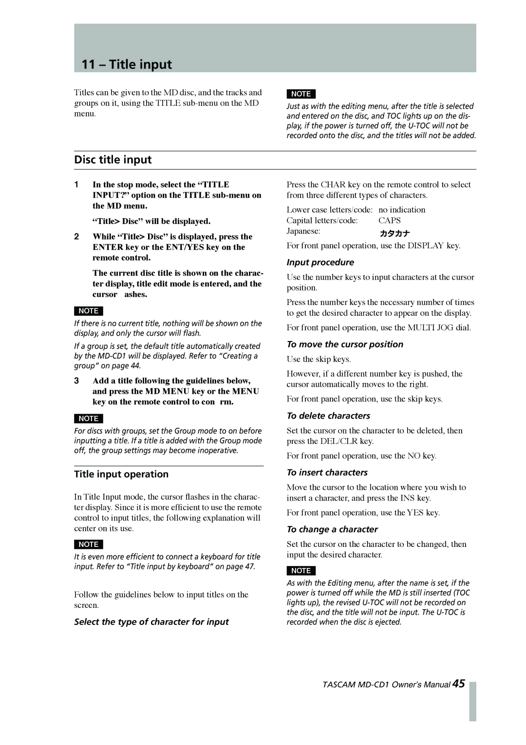 Tascam MD-CD1 owner manual Disc title input, Title input operation 