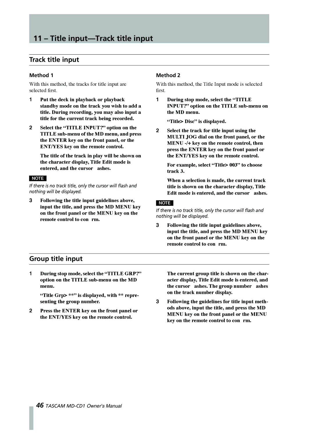 Tascam MD-CD1 owner manual Title input-Track title input, Group title input, Method 