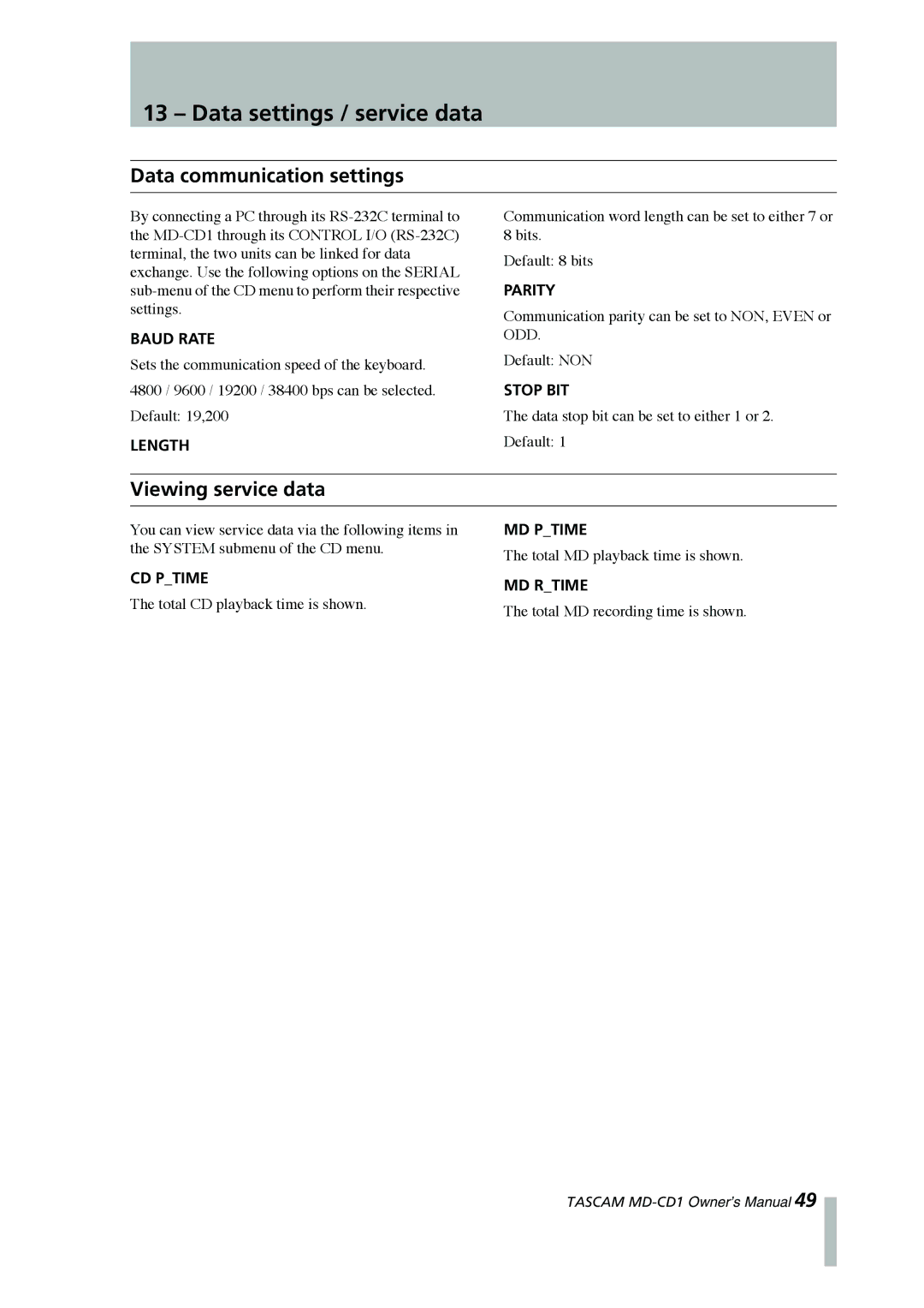 Tascam MD-CD1 owner manual Data settings / service data, Data communication settings, Viewing service data 