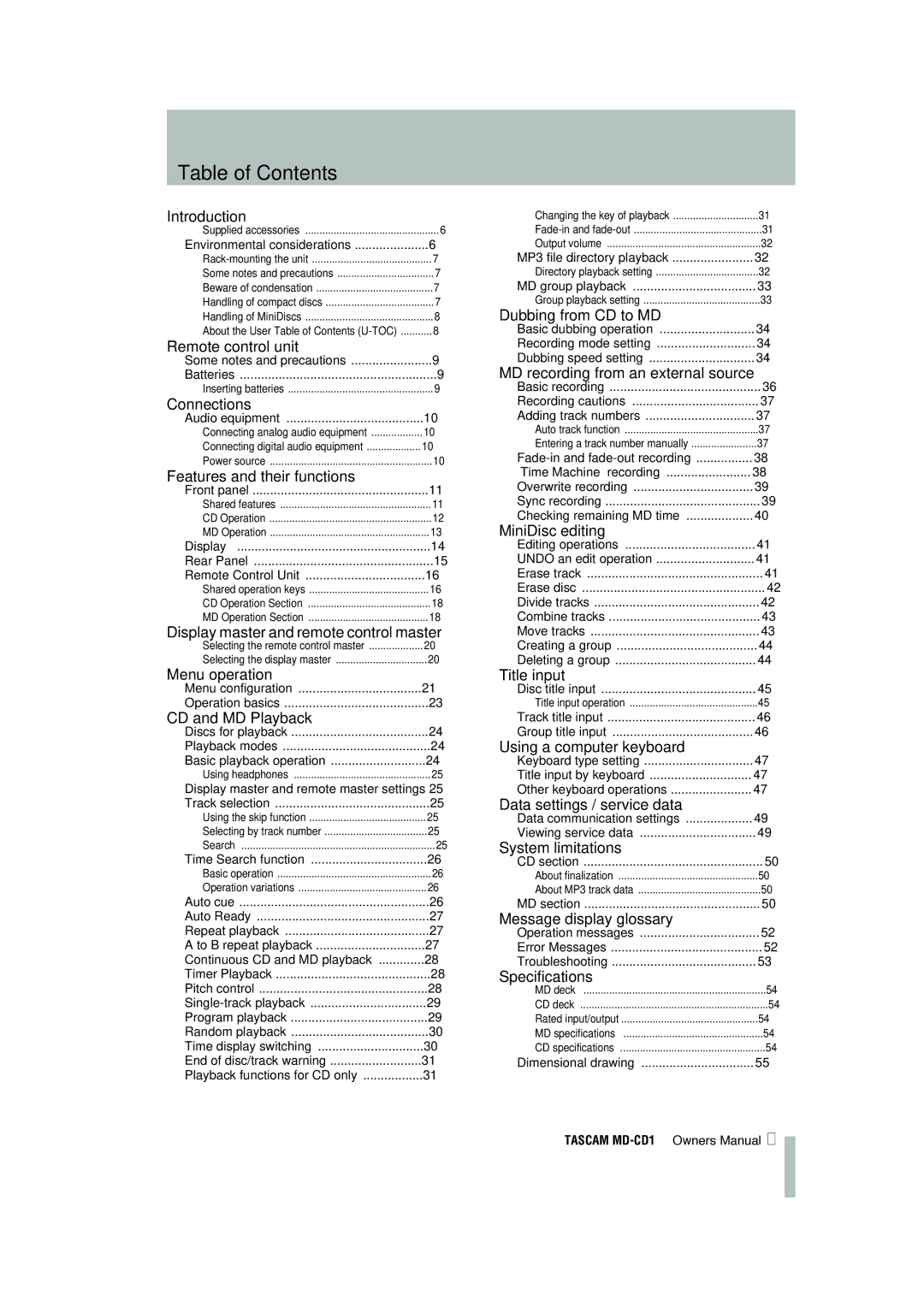 Tascam MD-CD1 owner manual Table of Contents 