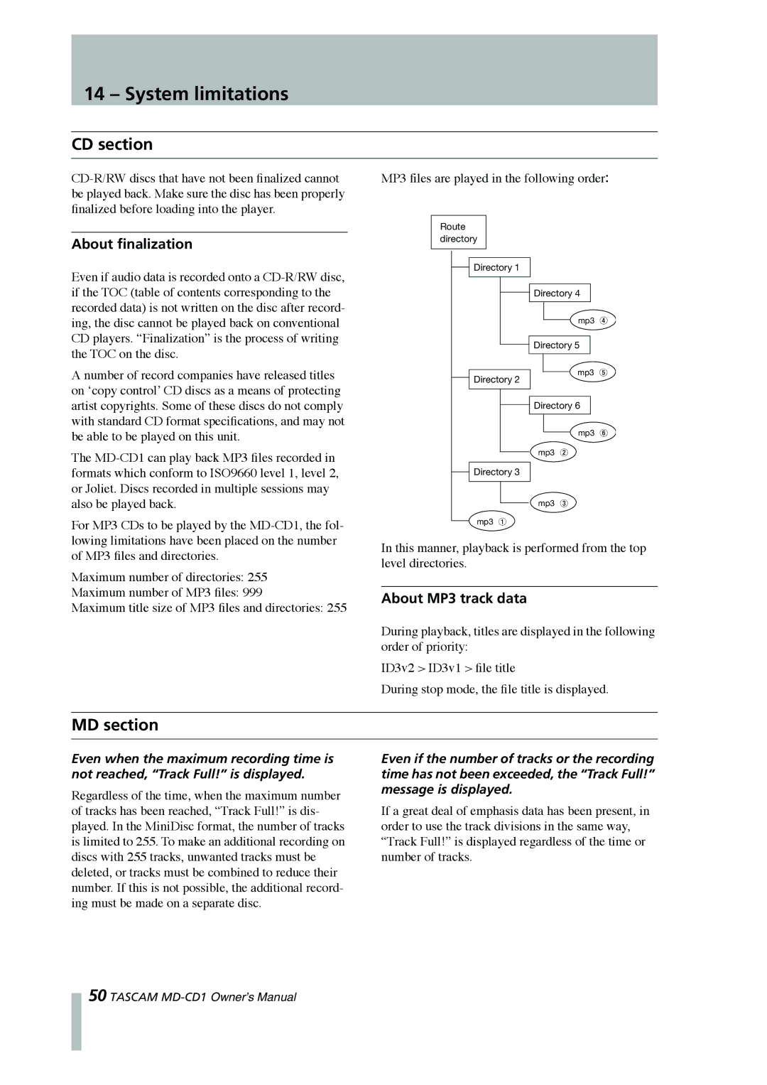 Tascam MD-CD1 owner manual System limitations, CD section, MD section, About ﬁnalization, About MP3 track data 