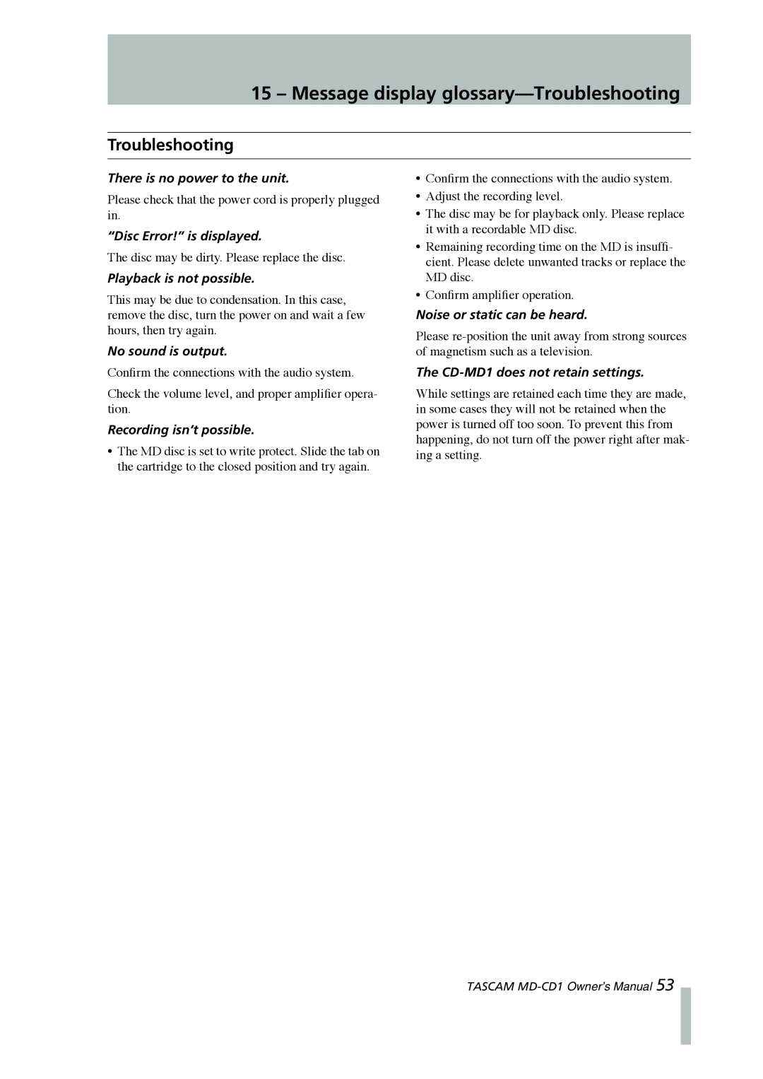 Tascam MD-CD1 owner manual Message display glossary-Troubleshooting 