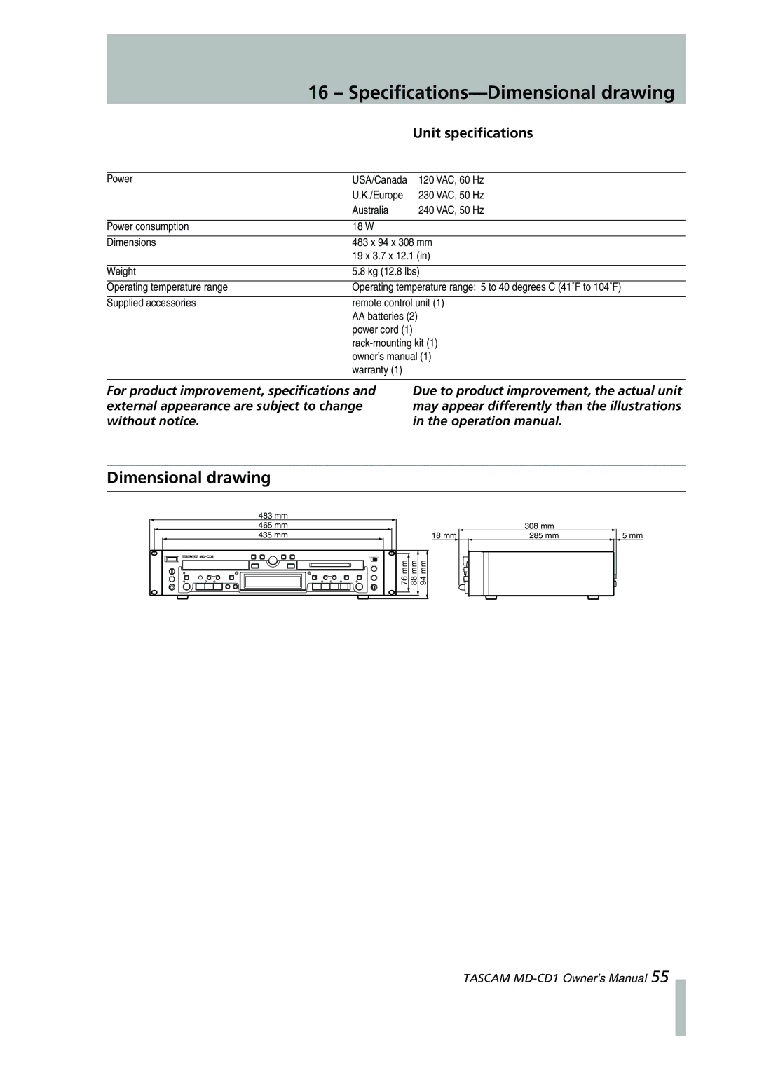 Tascam MD-CD1 owner manual Specifications-Dimensional drawing, Unit speciﬁcations 