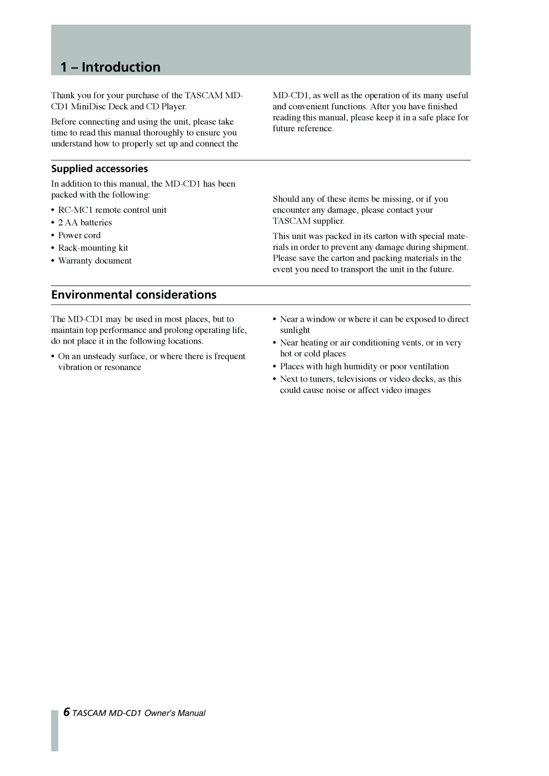 Tascam MD-CD1 owner manual Introduction, Environmental considerations, Supplied accessories 