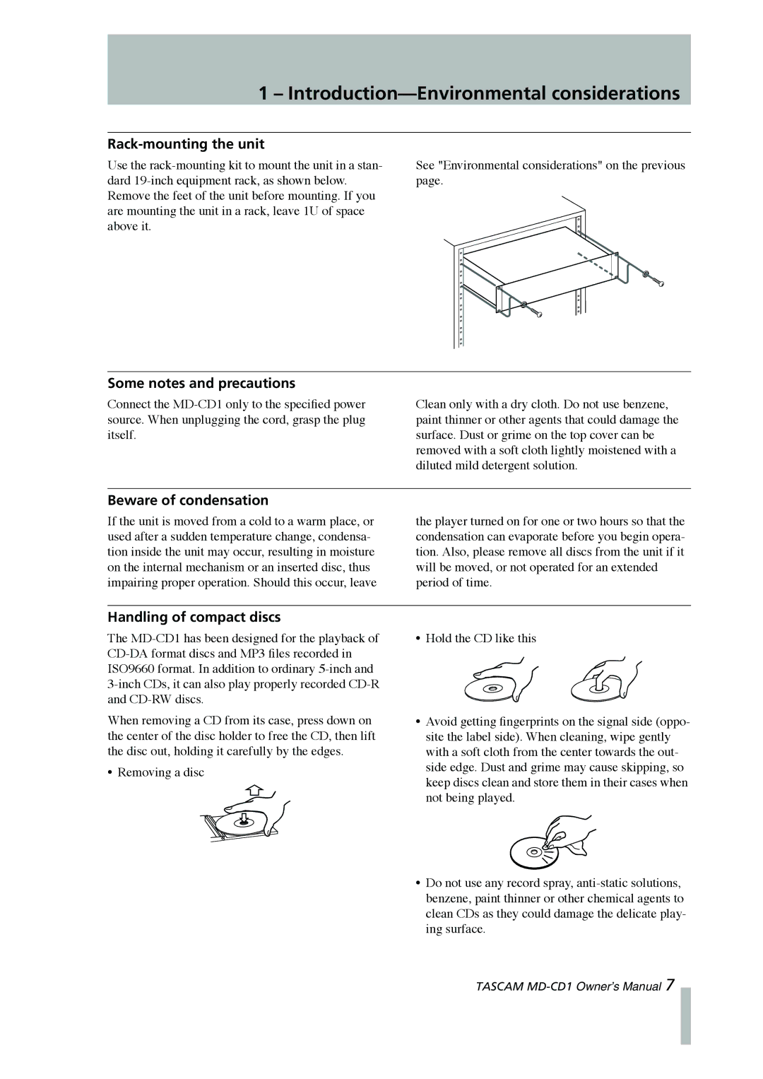 Tascam MD-CD1 owner manual Introduction-Environmental considerations, Rack-mounting the unit, Some notes and precautions 