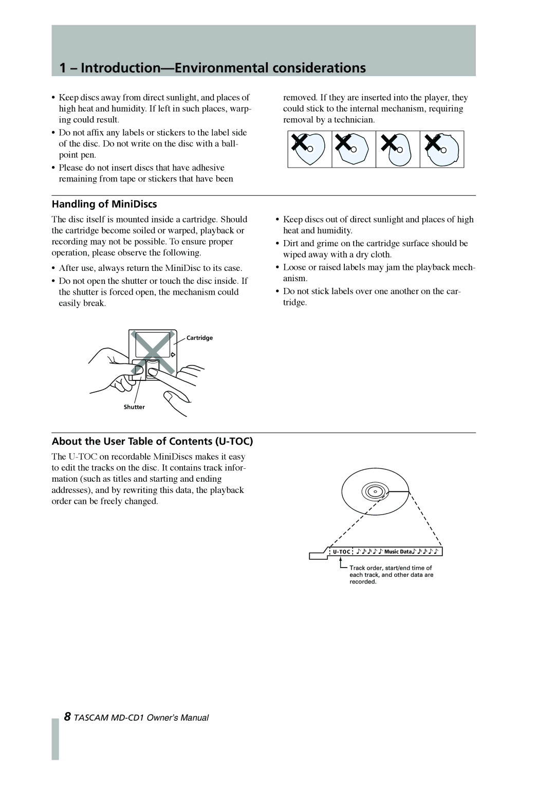 Tascam MD-CD1 owner manual Handling of MiniDiscs, About the User Table of Contents U-TOC 