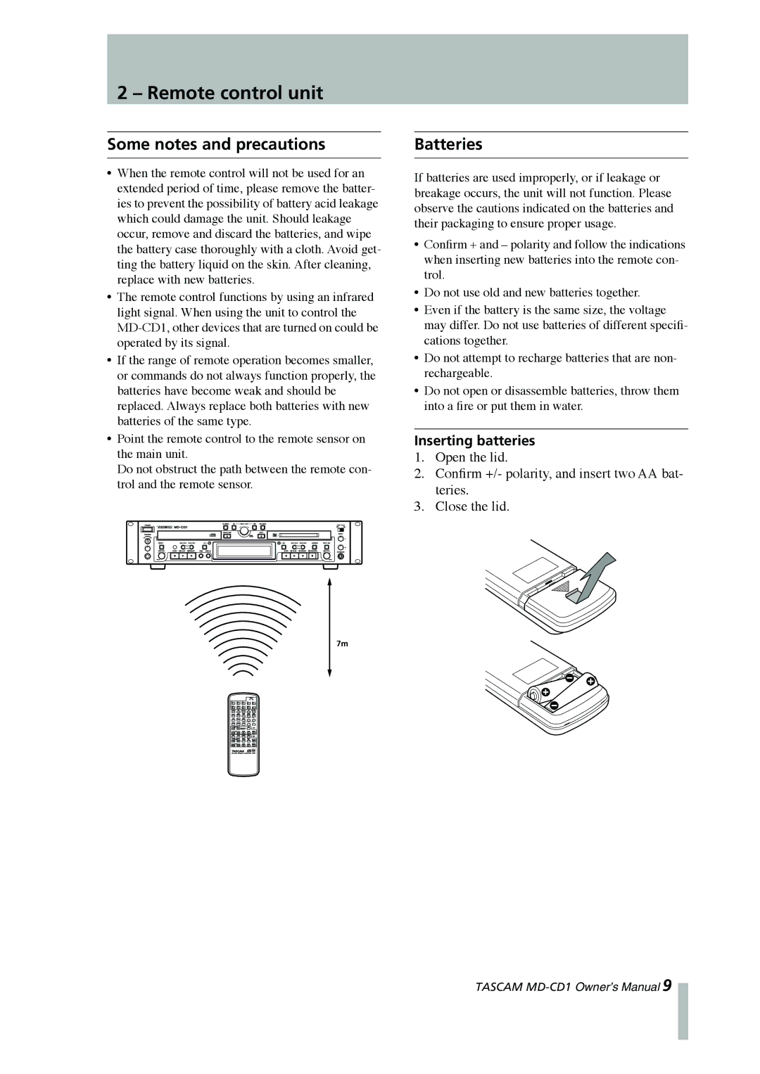 Tascam MD-CD1 owner manual Remote control unit, Some notes and precautions, Batteries, Inserting batteries 