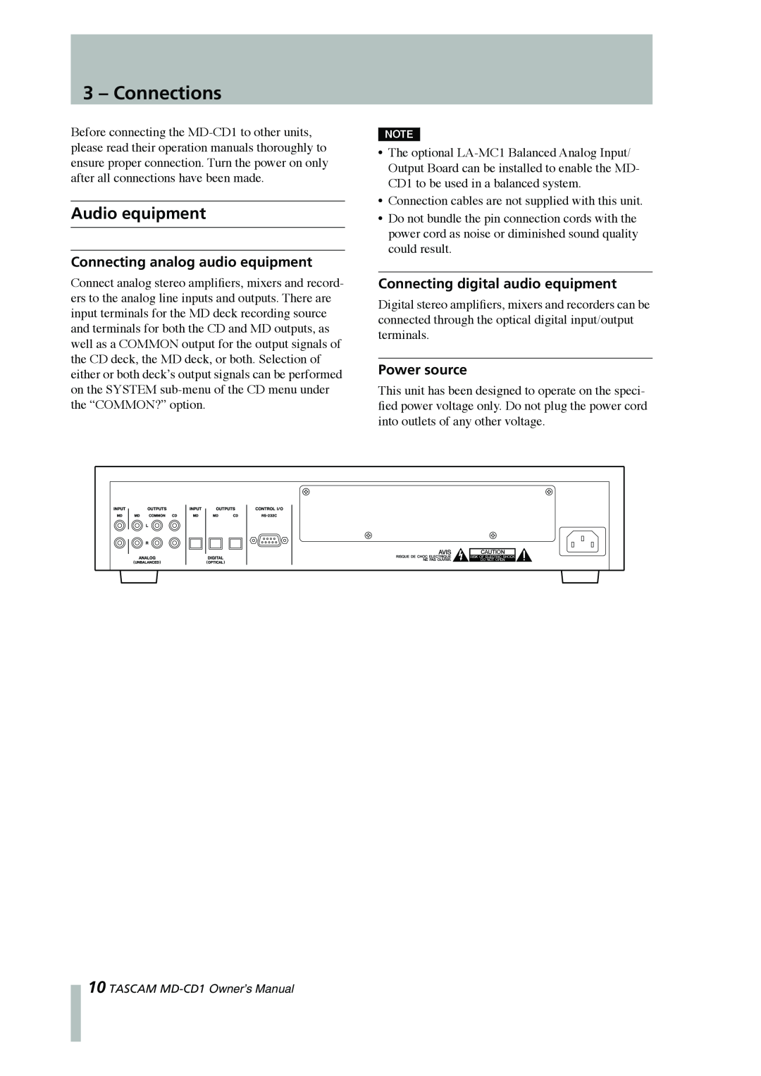 Tascam MD-CD1 owner manual Connections, Audio equipment 