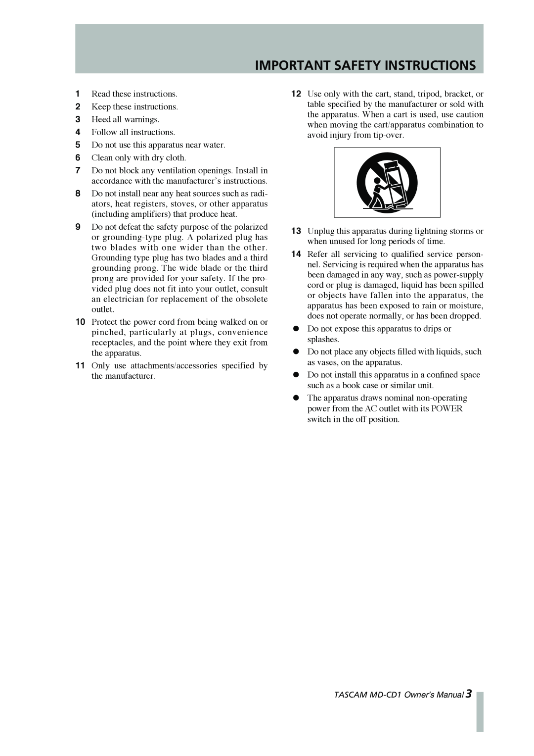 Tascam MD-CD1 owner manual Important Safety Instructions 