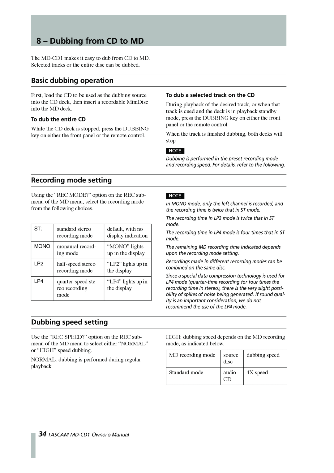 Tascam MD-CD1 owner manual Dubbing from CD to MD, Basic dubbing operation, Recording mode setting, Dubbing speed setting 