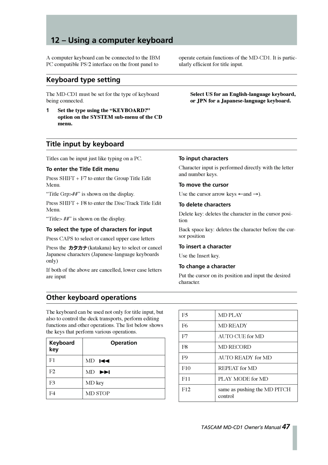 Tascam MD-CD1 Using a computer keyboard, Keyboard type setting, Title input by keyboard, Other keyboard operations 