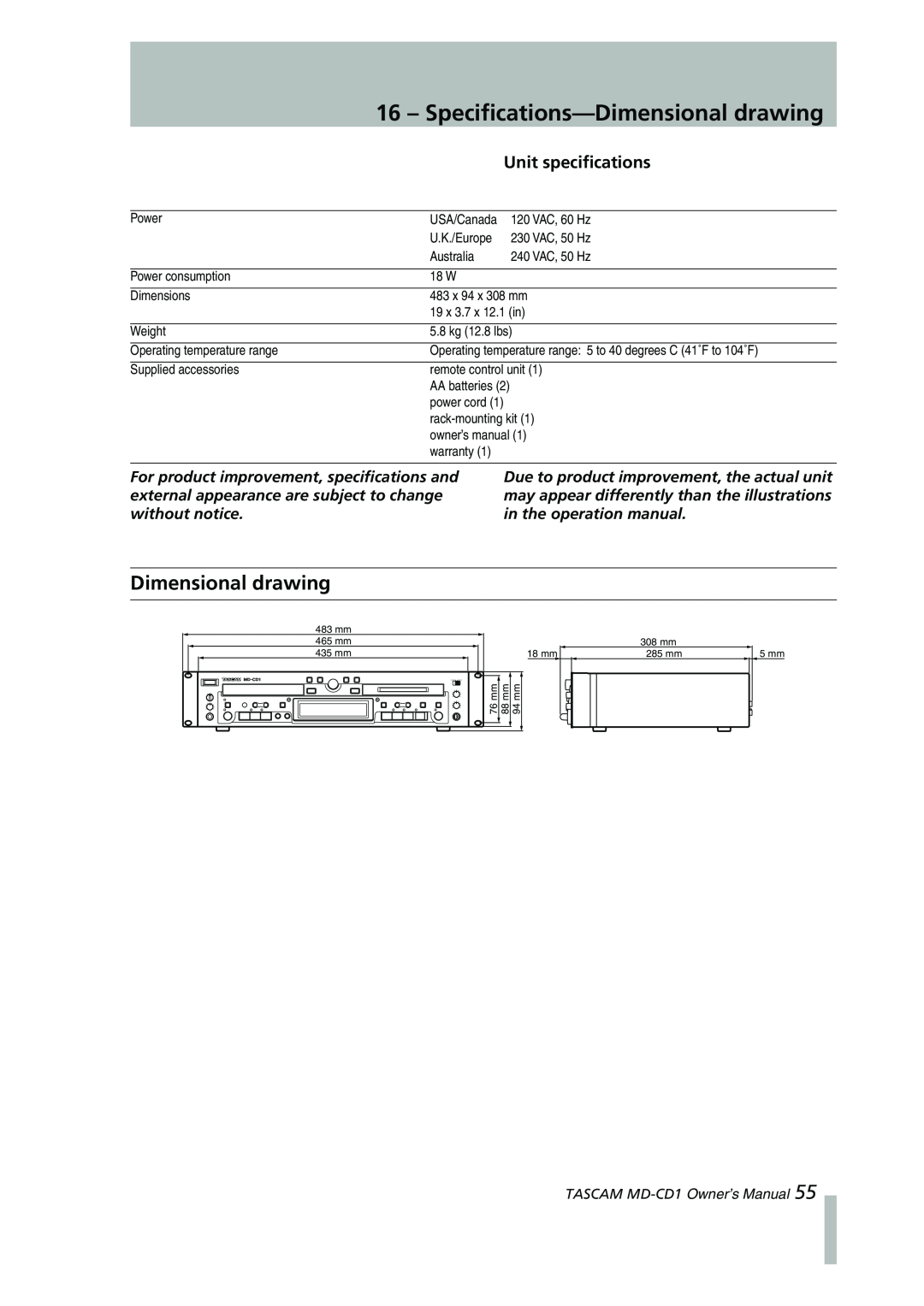 Tascam MD-CD1 owner manual Specifications-Dimensionaldrawing, Dimensional drawing 