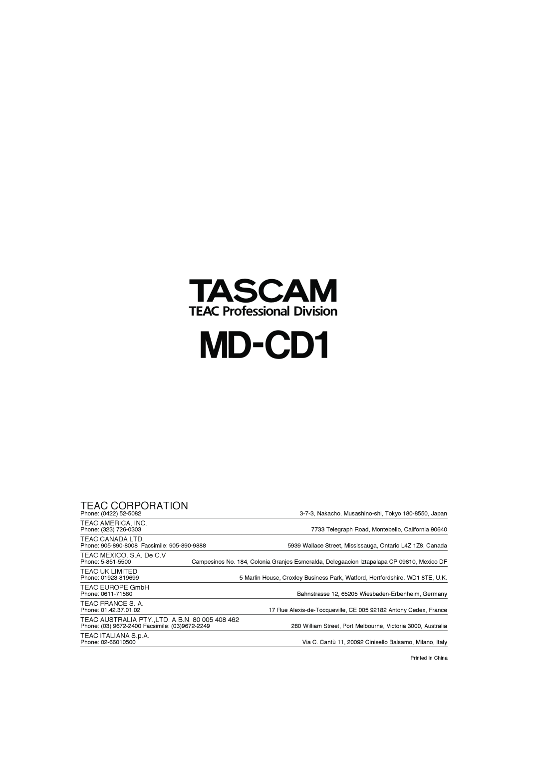 Tascam MD-CD1 owner manual Teac Corporation 