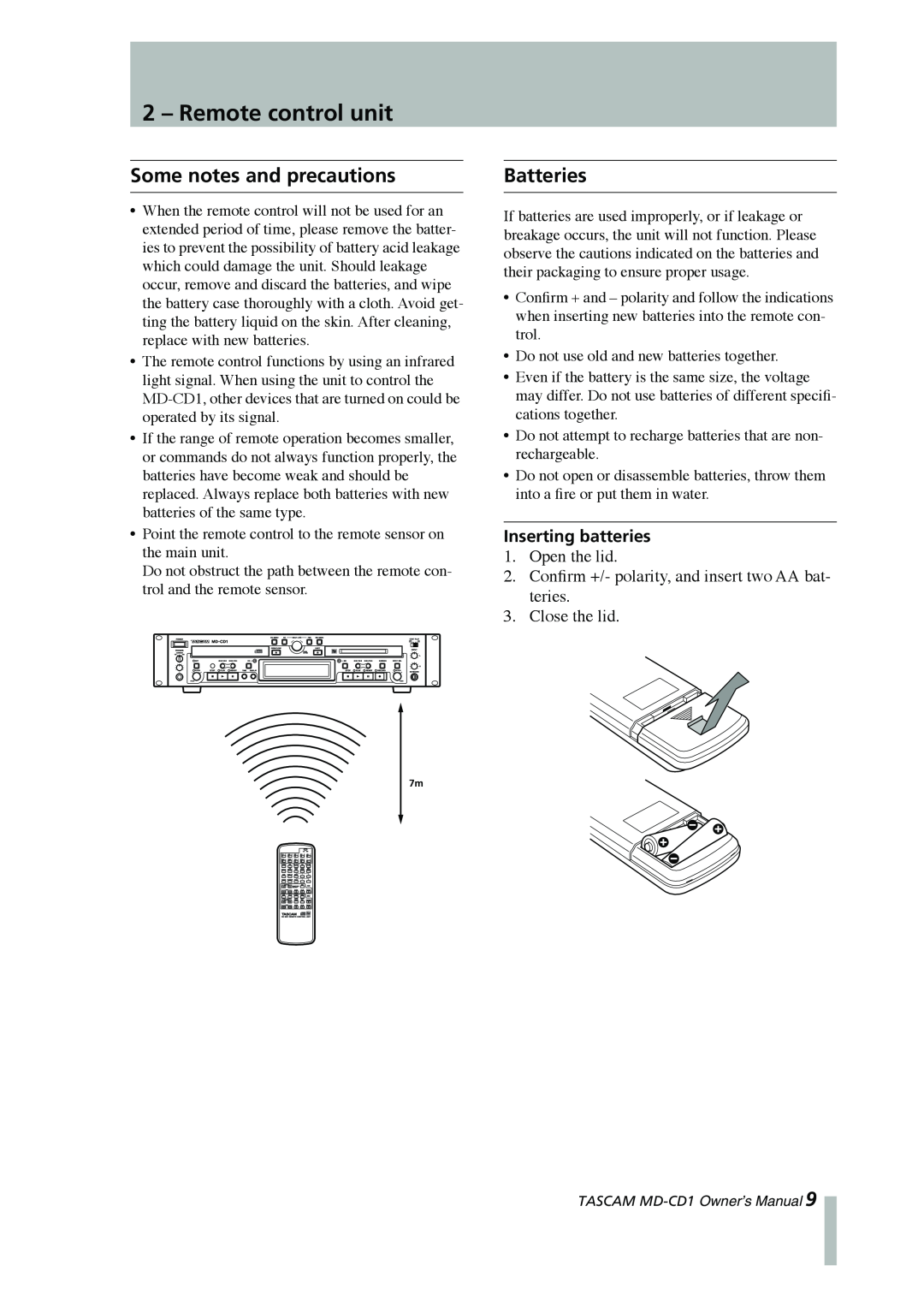 Tascam MD-CD1 owner manual Remote control unit, Some notes and precautions, Batteries, Open the lid, Close the lid 