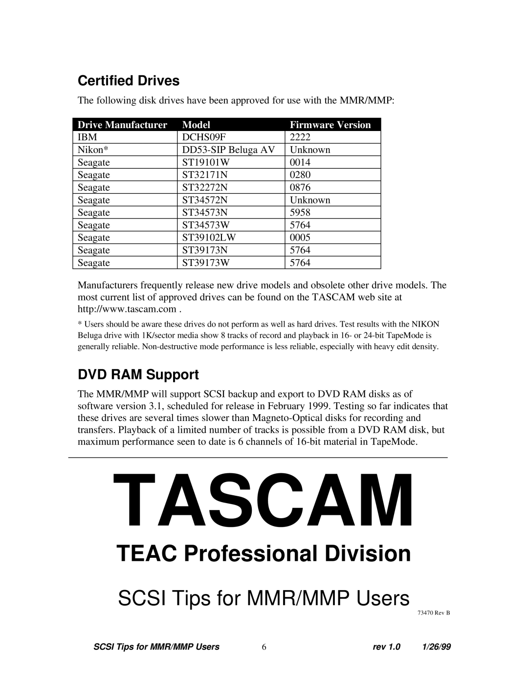 Tascam MMP-16, MMR-8 manual Certified Drives, DVD RAM Support 