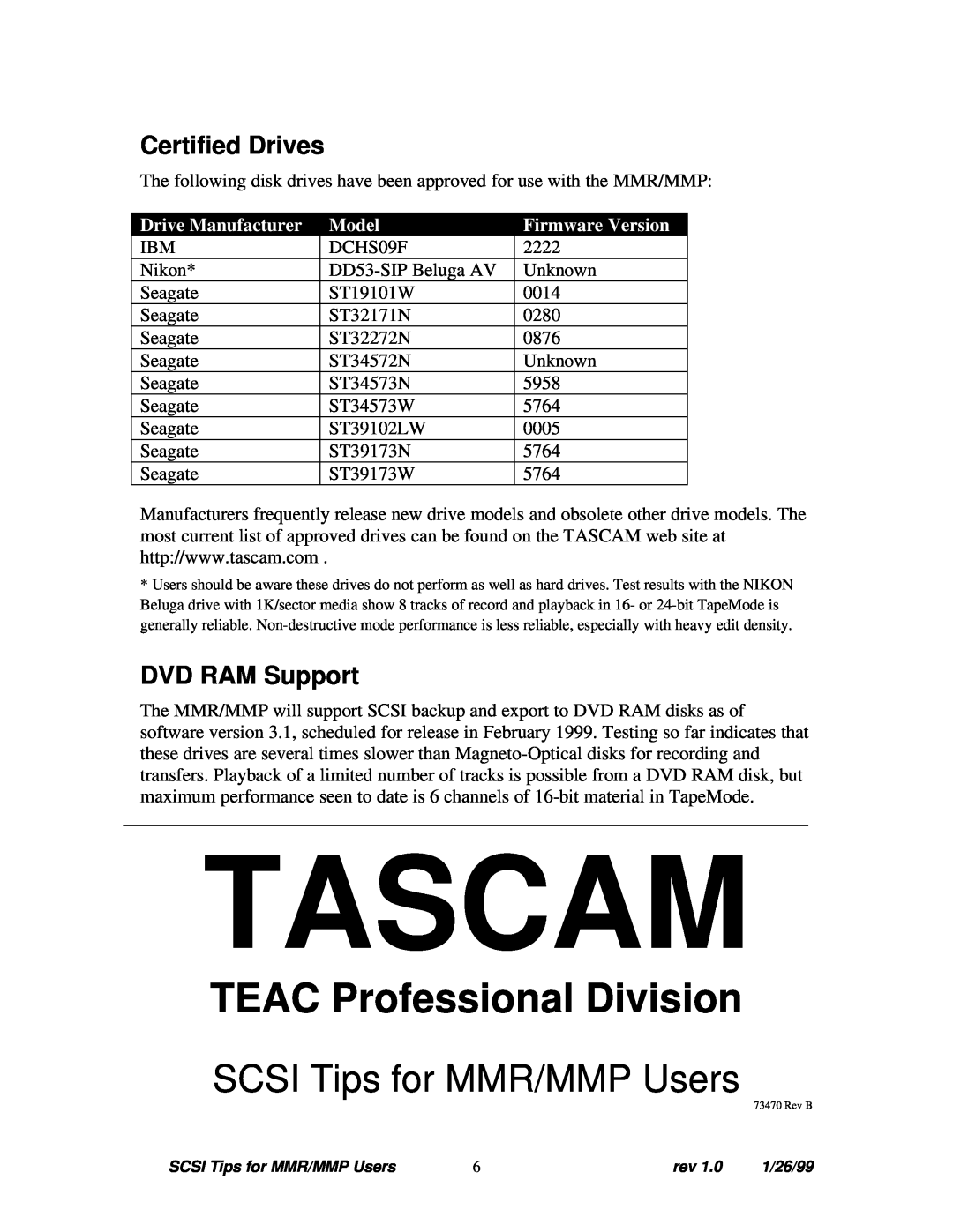 Tascam MMP-16 Certified Drives, DVD RAM Support, Tascam, TEAC Professional Division, SCSI Tips for MMR/MMP Users, Model 