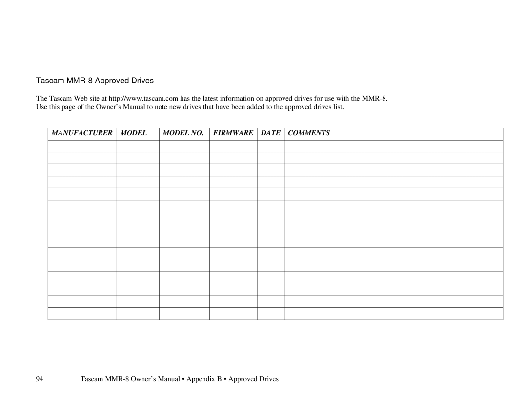 Tascam owner manual Tascam MMR-8 Approved Drives 