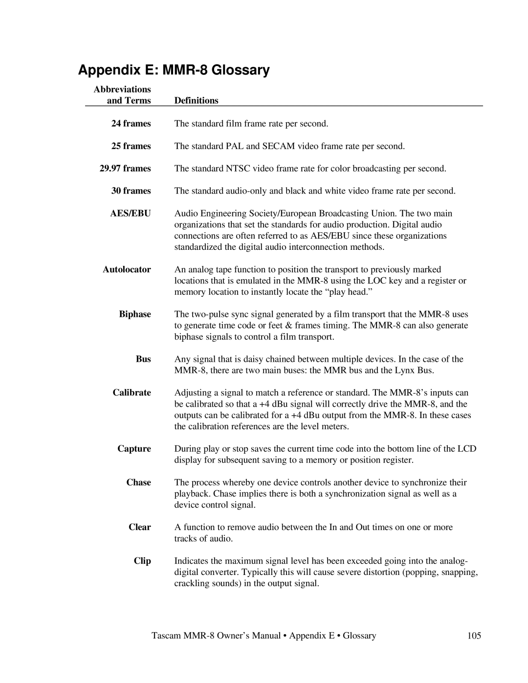 Tascam owner manual Appendix E MMR-8 Glossary 