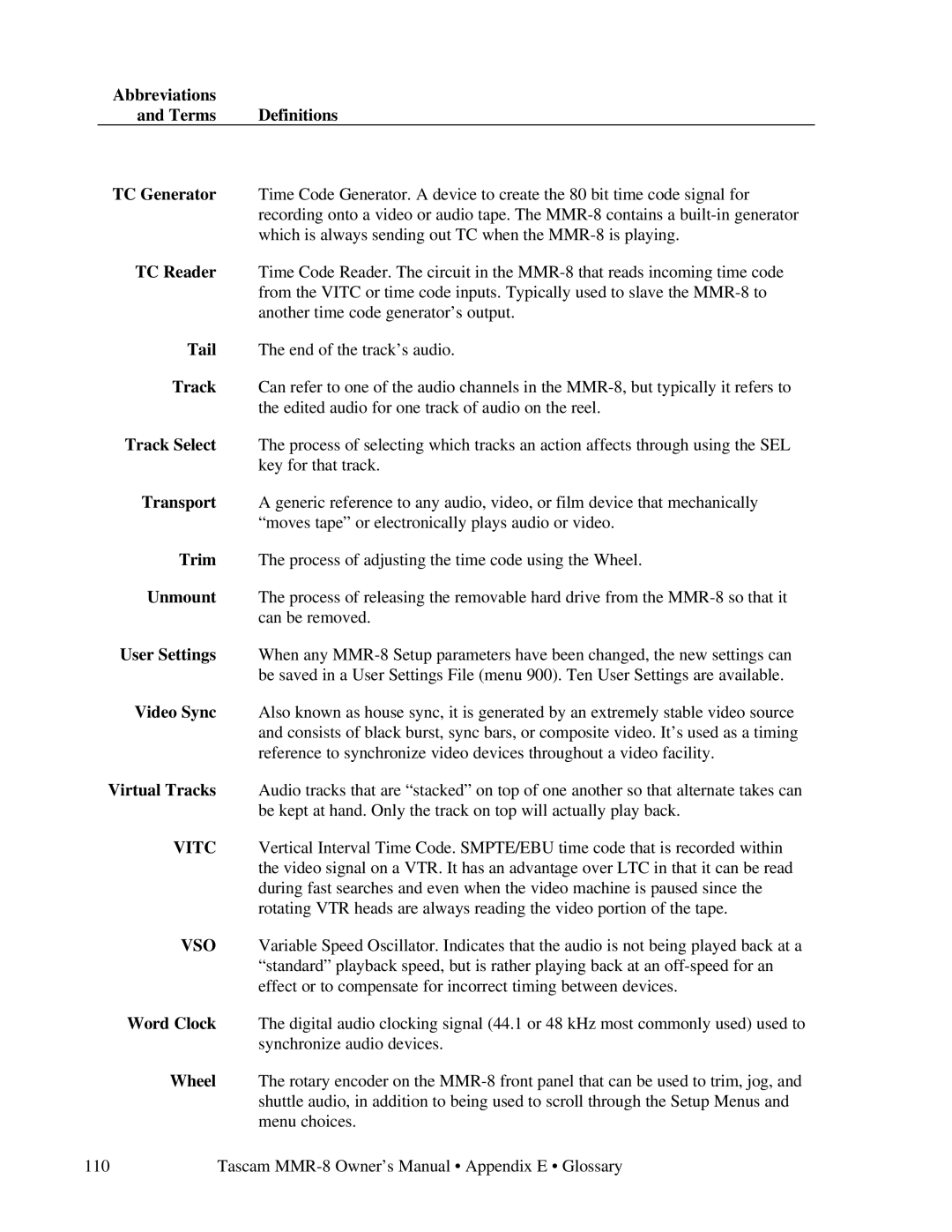 Tascam MMR-8 owner manual Terms 