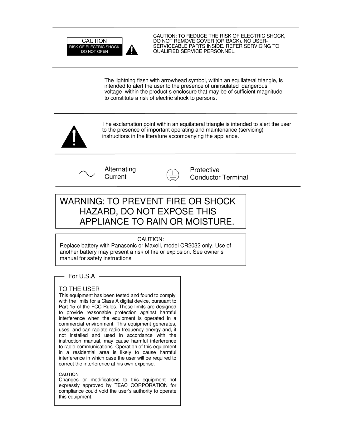 Tascam MMR-8 owner manual HAZARD, do not Expose this Appliance to Rain or Moisture 