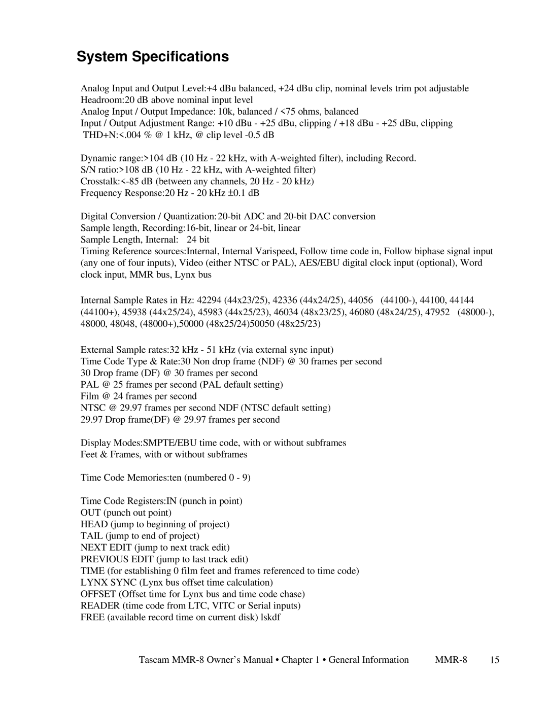 Tascam MMR-8 owner manual System Specifications 