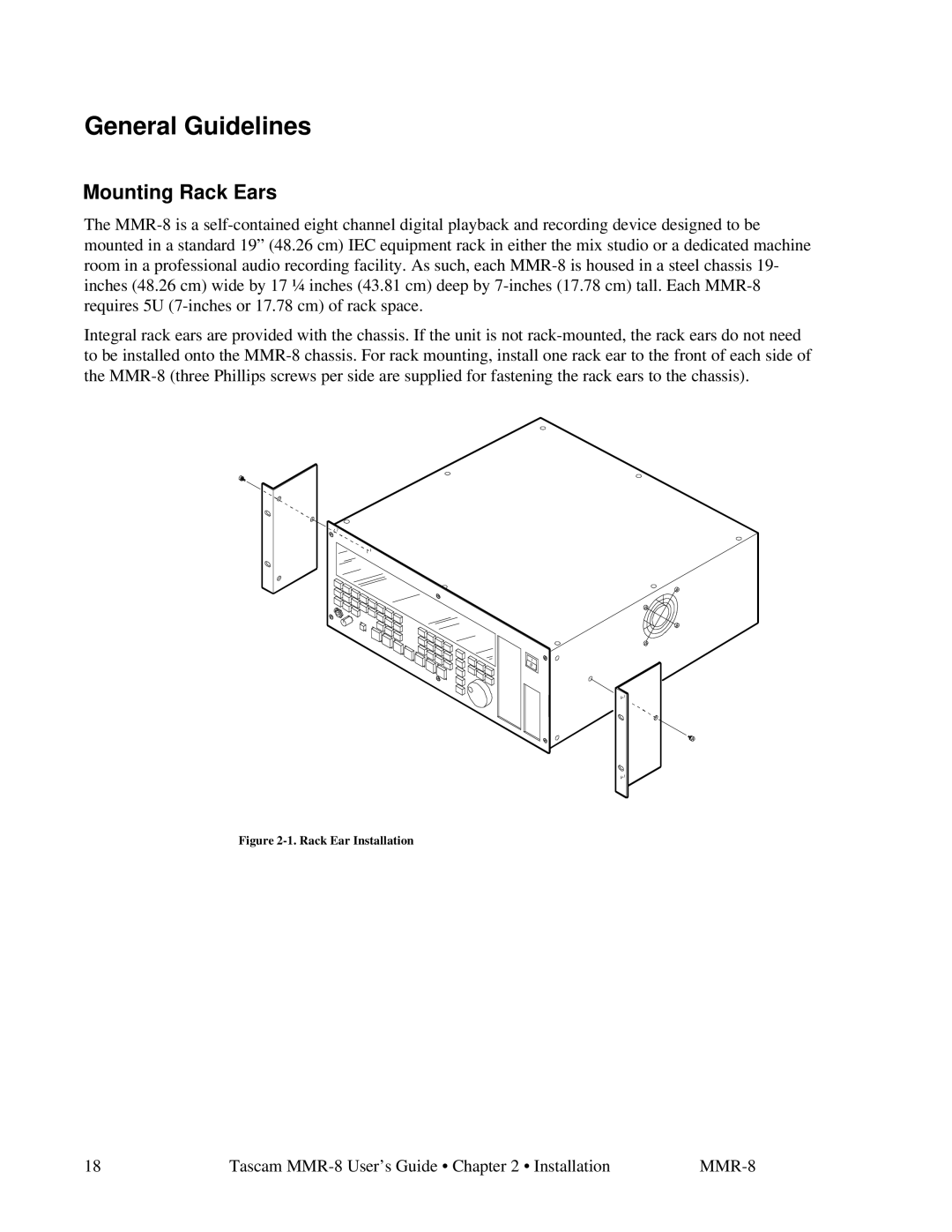 Tascam MMR-8 owner manual General Guidelines, Mounting Rack Ears 