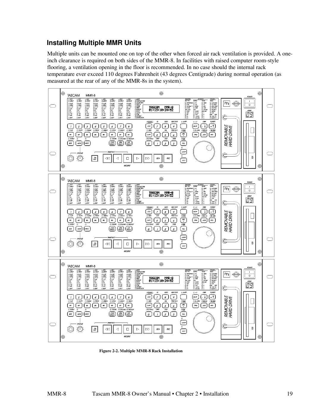 Tascam owner manual Installing Multiple MMR Units, Multiple MMR-8 Rack Installation 