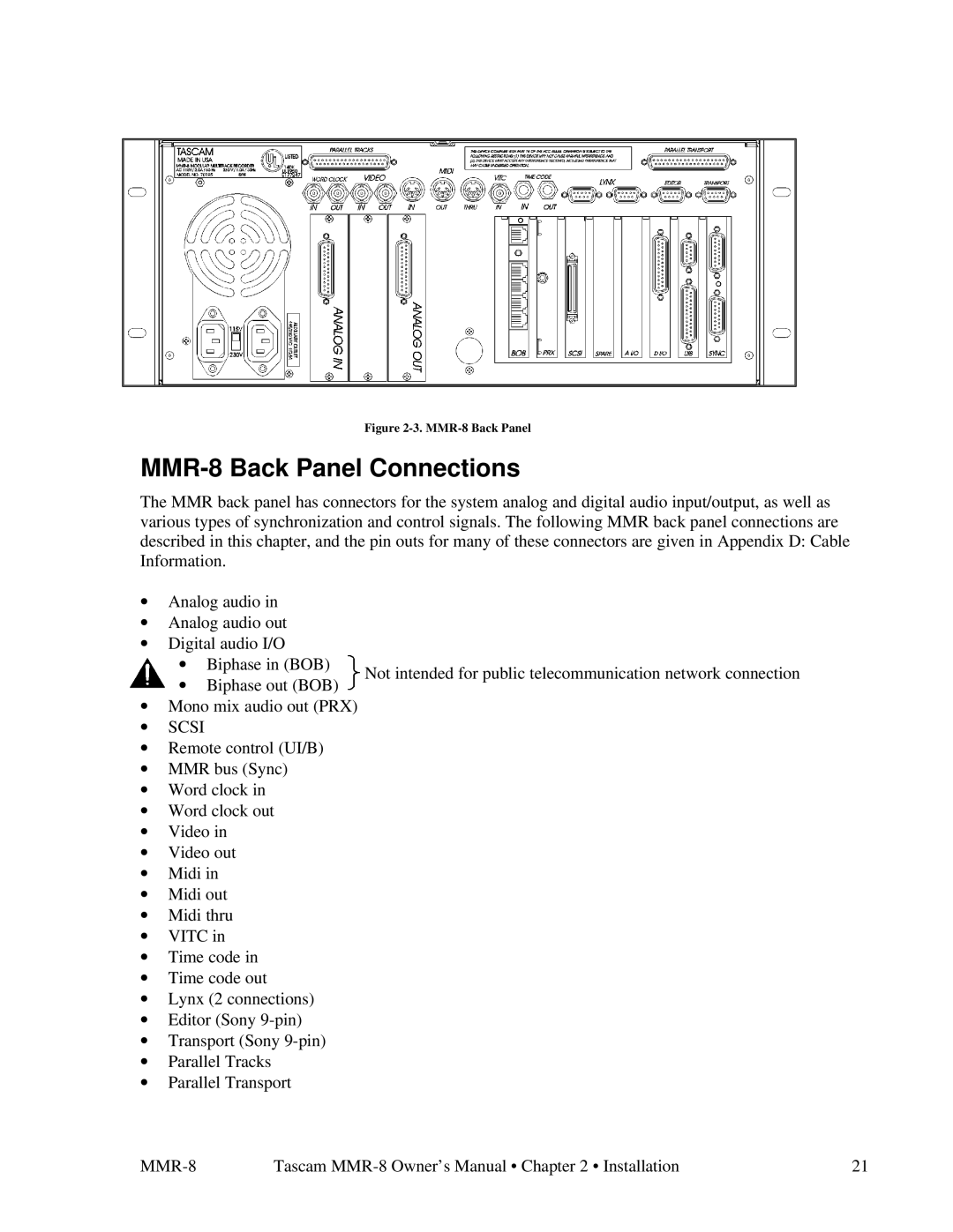 Tascam owner manual MMR-8 Back Panel Connections 