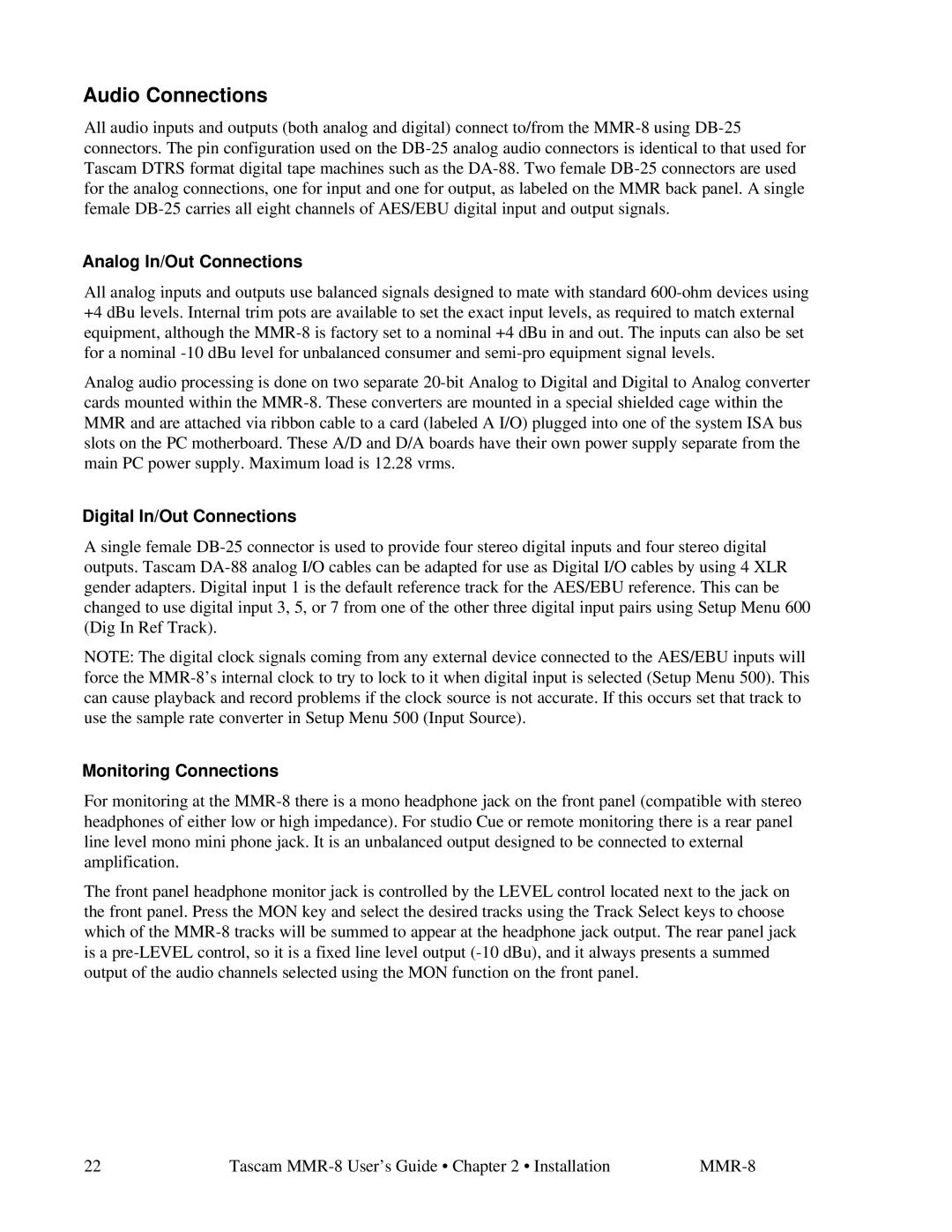 Tascam MMR-8 owner manual Audio Connections, Analog In/Out Connections, Digital In/Out Connections, Monitoring Connections 