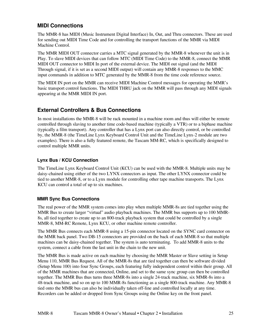 Tascam MMR-8 Midi Connections, External Controllers & Bus Connections, Lynx Bus / KCU Connection, MMR Sync Bus Connections 