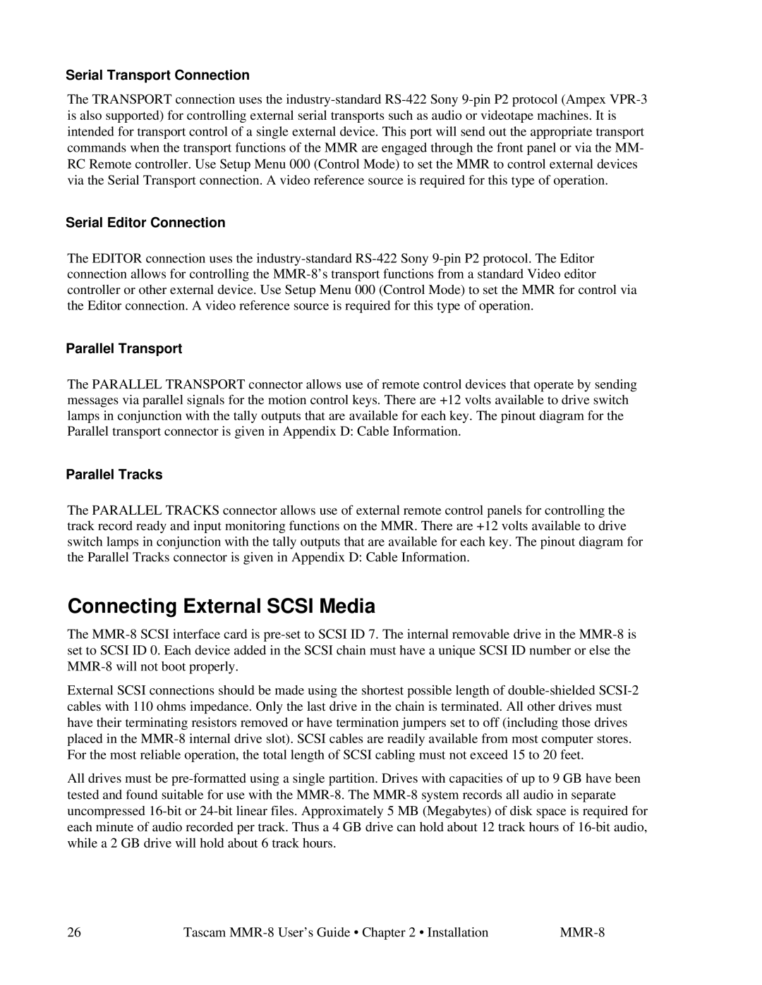 Tascam MMR-8 Connecting External Scsi Media, Serial Transport Connection, Serial Editor Connection, Parallel Transport 