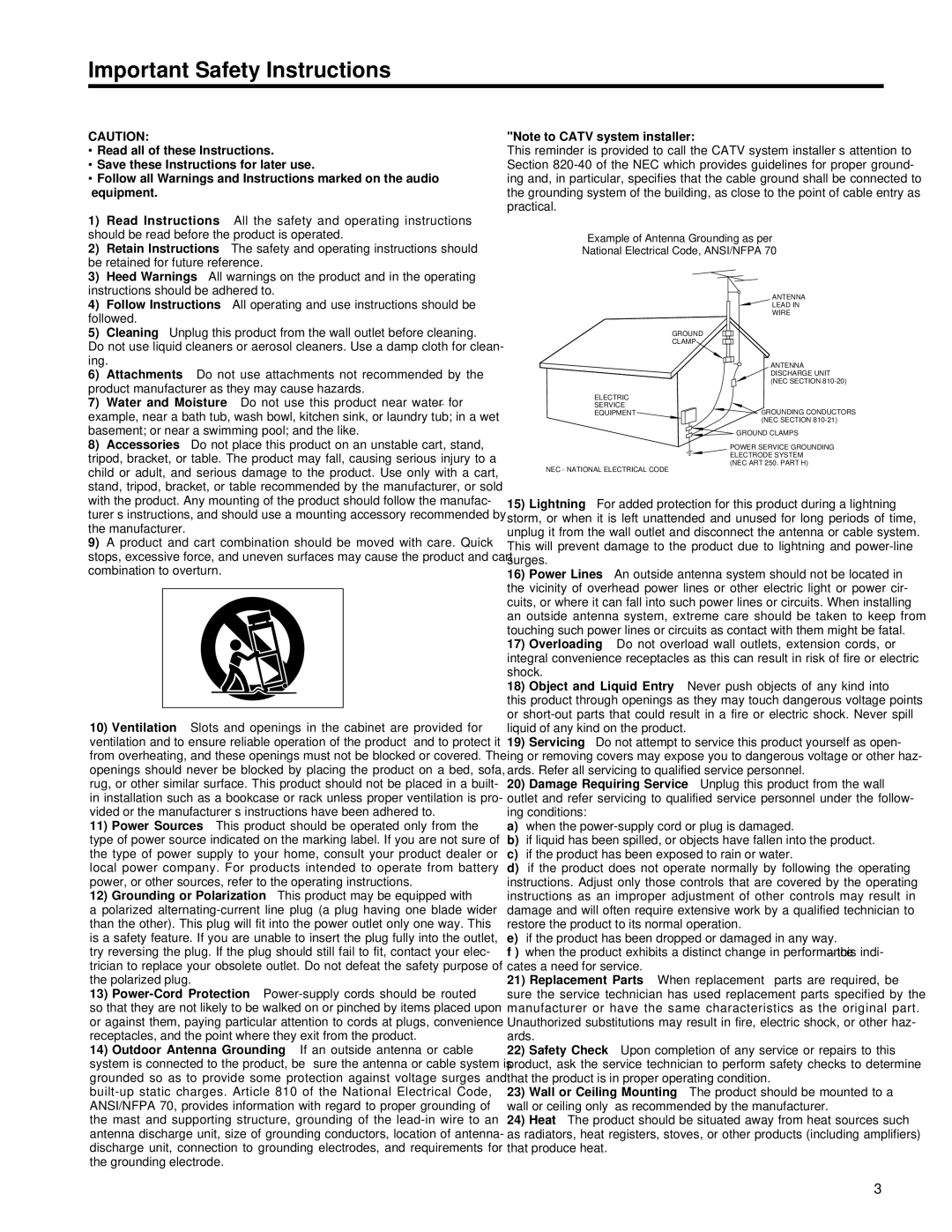 Tascam MMR-8 owner manual Important Safety Instructions 