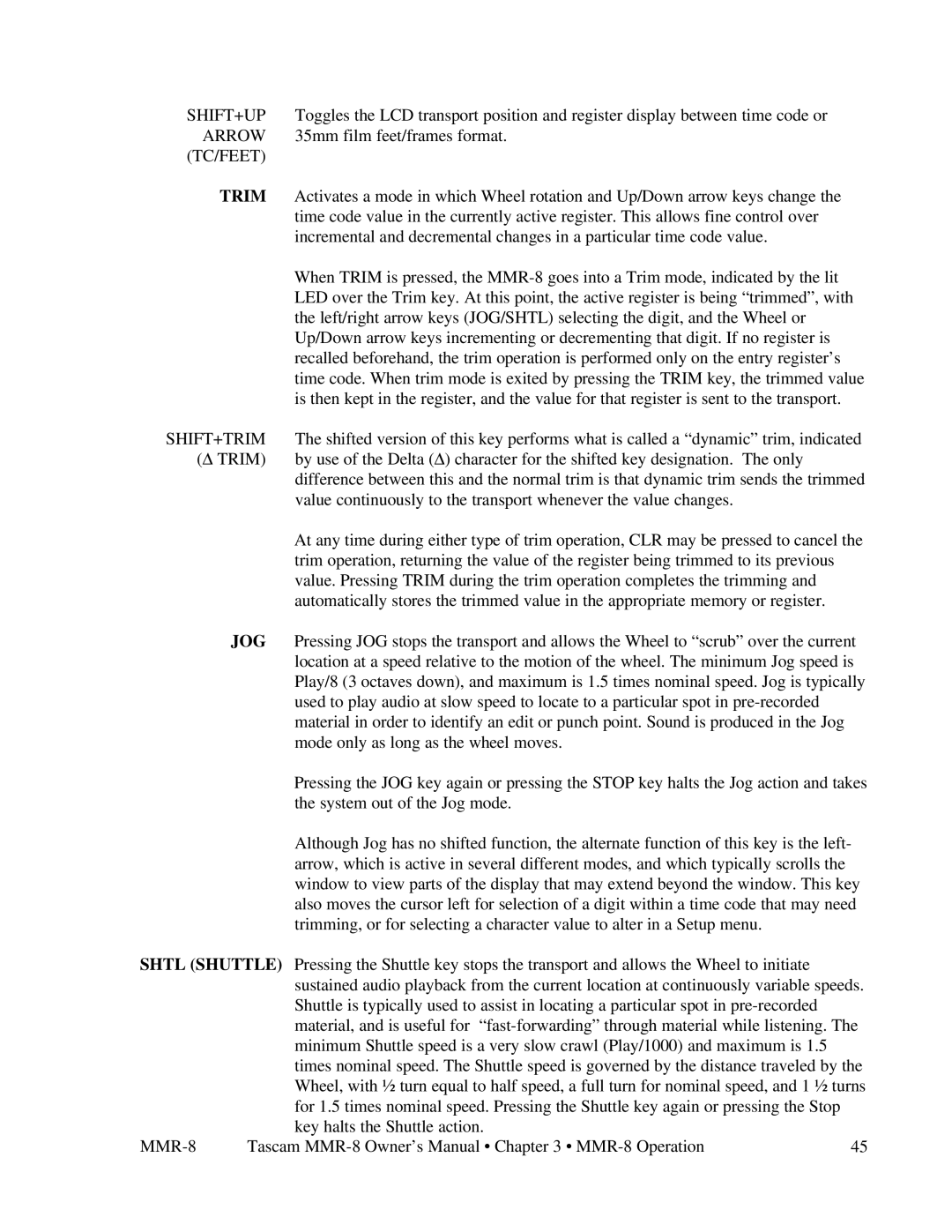 Tascam MMR-8 owner manual Shift+Up, Tc/Feet, Shift+Trim, Jog 
