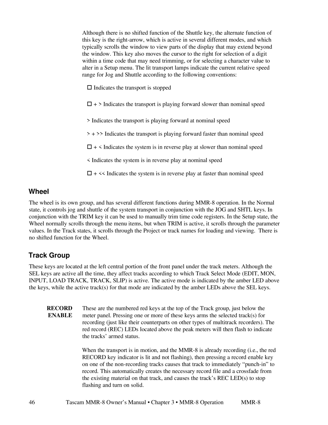 Tascam MMR-8 owner manual Wheel, Track Group 