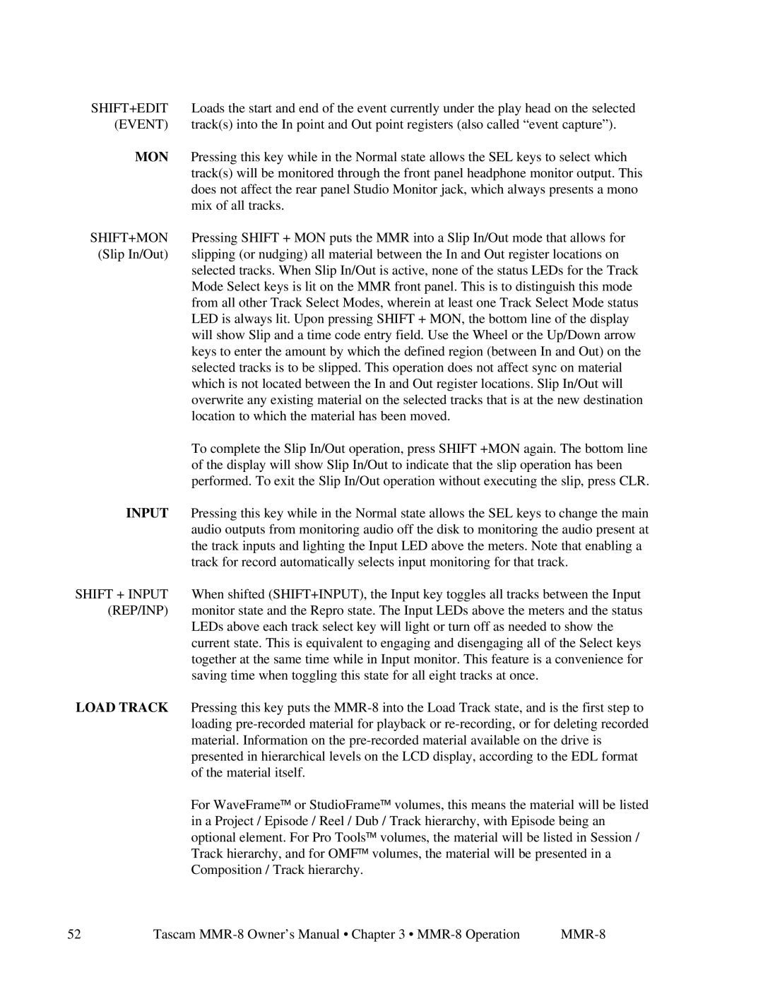 Tascam MMR-8 owner manual Mon, Input 