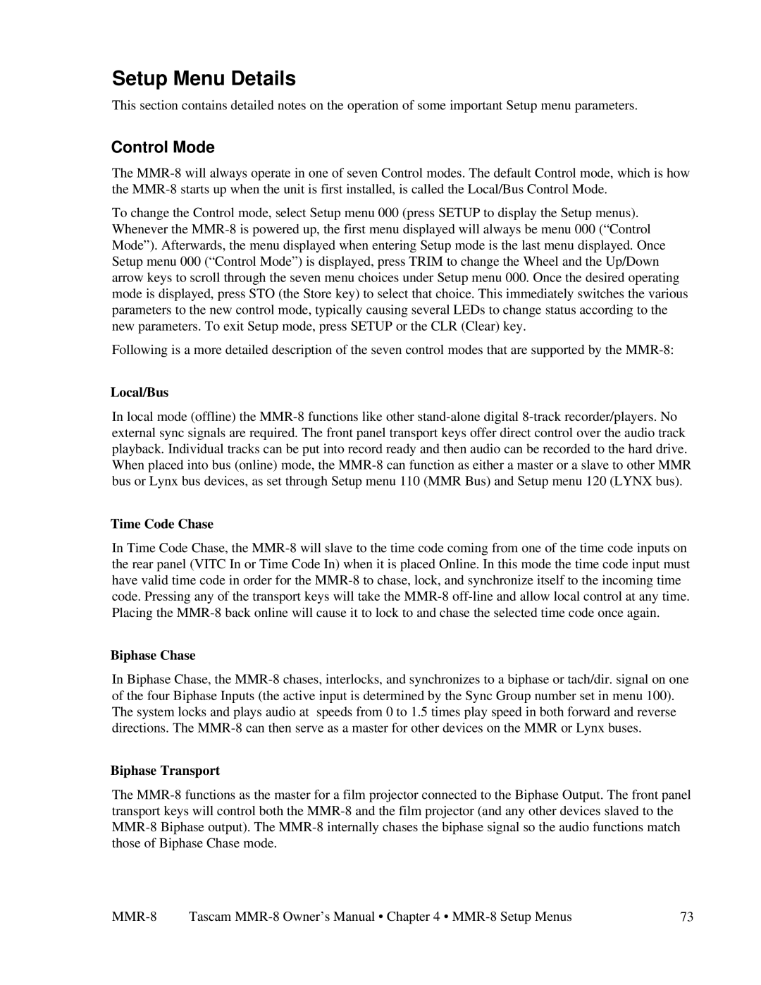 Tascam MMR-8 owner manual Setup Menu Details, Control Mode 