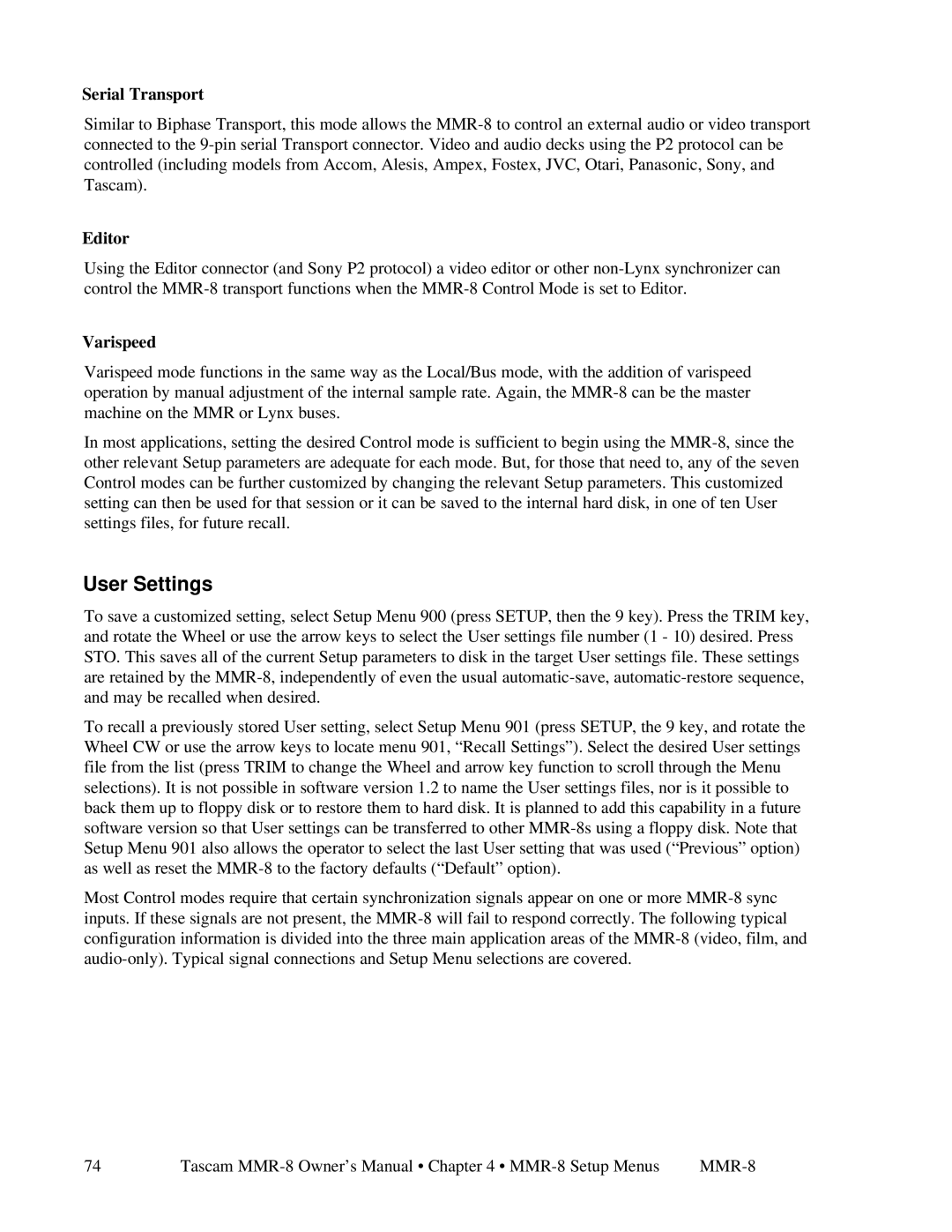 Tascam MMR-8 owner manual User Settings, Serial Transport 