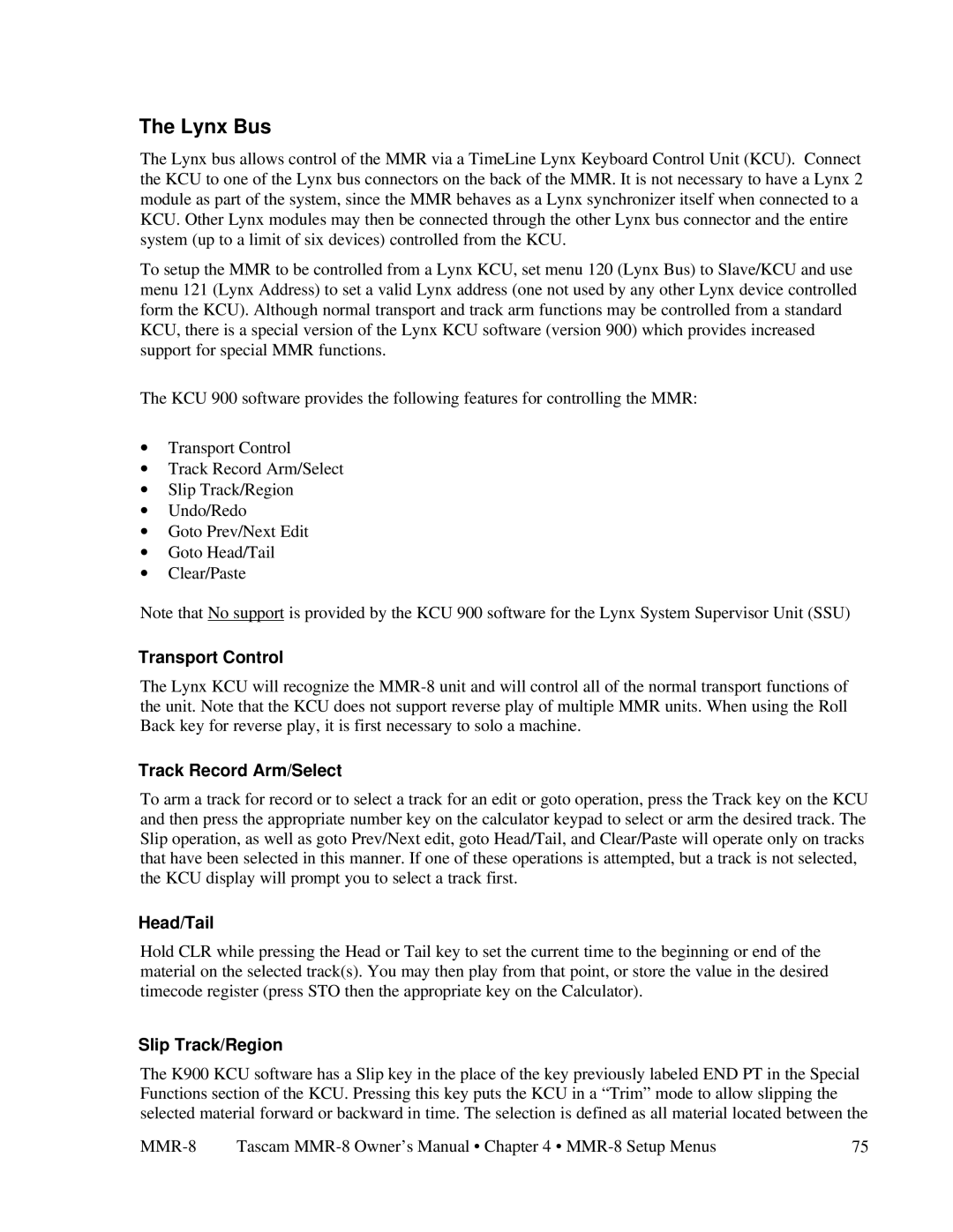 Tascam MMR-8 owner manual Lynx Bus, Transport Control, Track Record Arm/Select, Head/Tail, Slip Track/Region 