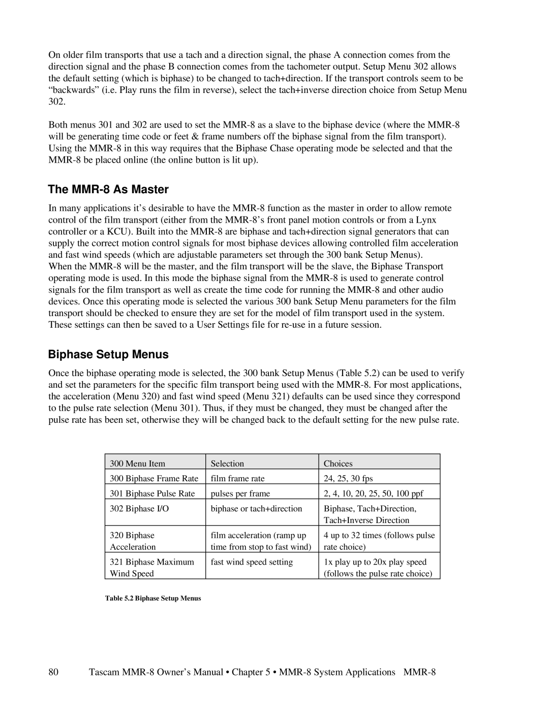 Tascam owner manual MMR-8 As Master, Biphase Setup Menus 