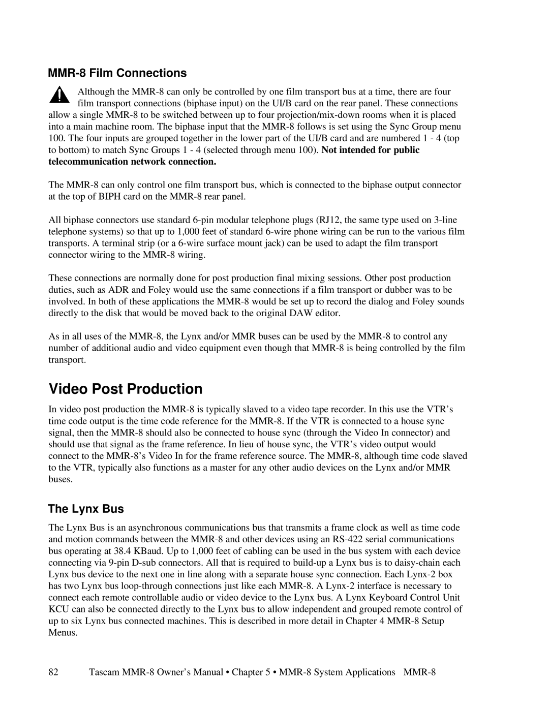 Tascam owner manual Video Post Production, MMR-8 Film Connections 